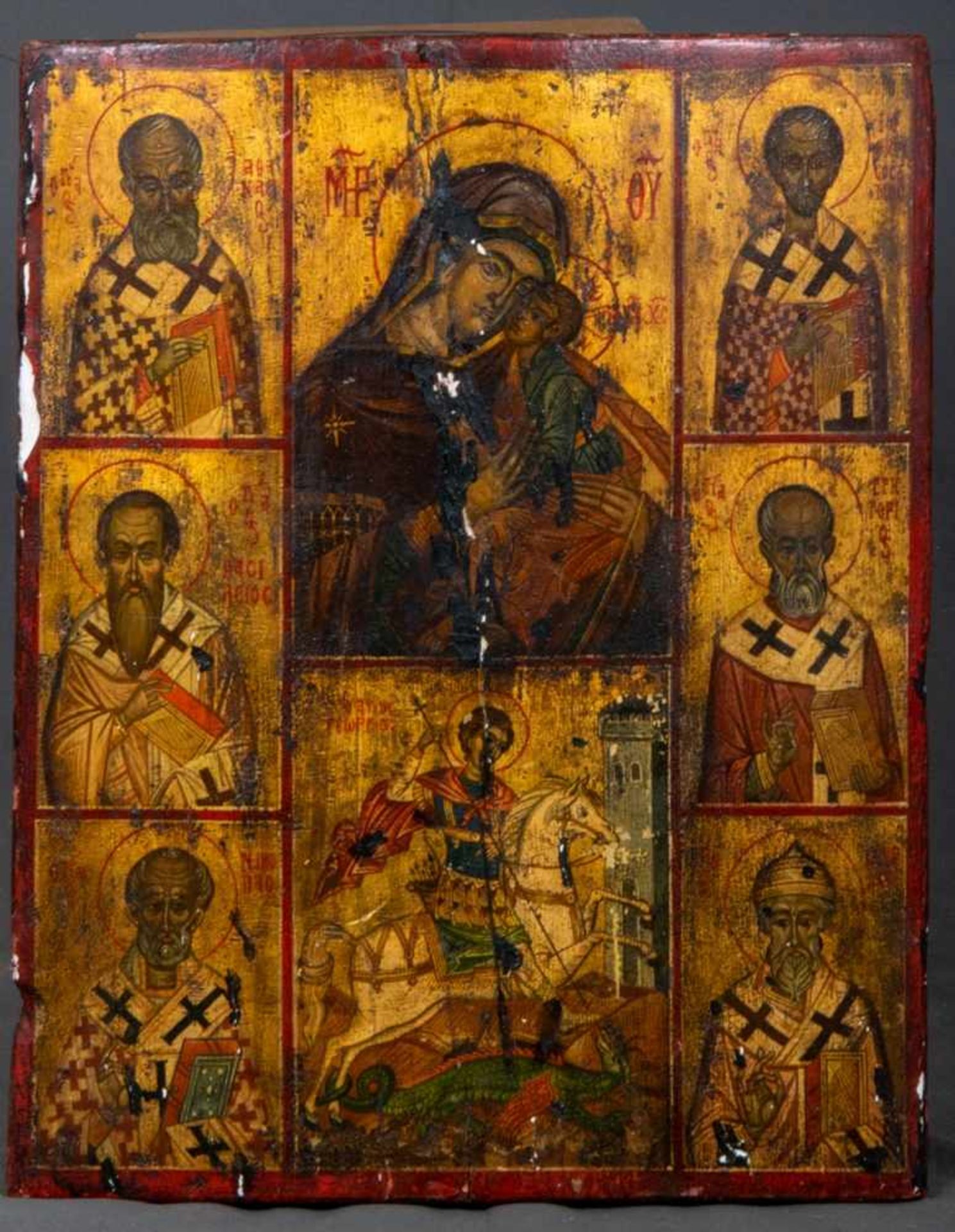 Alte oder antike 8 Felder-Ikone u. a. mit Darstellung des Heiligen Georg als Drachentöter. Eitempera