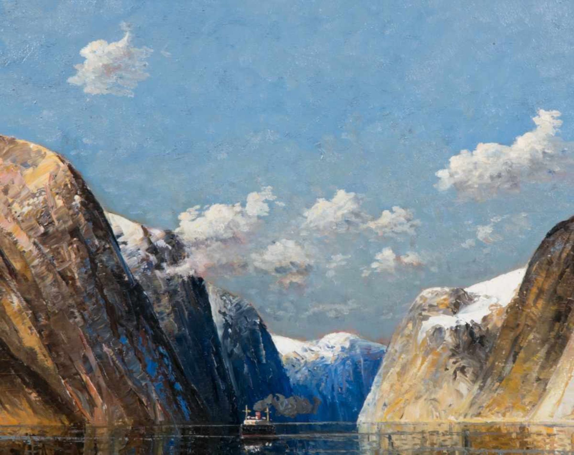 "Norwegische Fjordlandschaft", Gemälde, Öl auf Leinwand ca. 76 x 107 cm, signiert J. Holmstedt = - Bild 3 aus 5