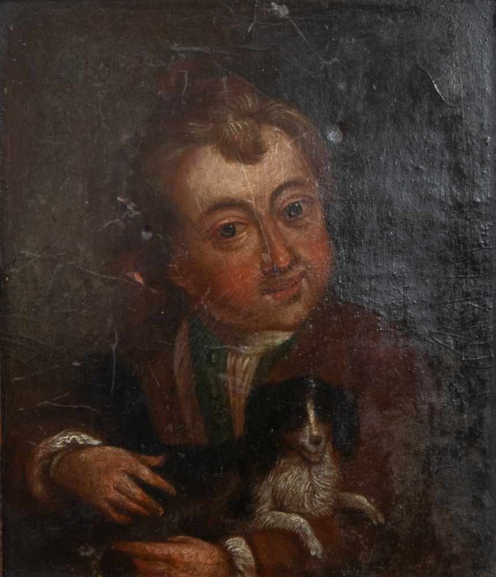 "Junger Mann mit Hündchen", Öl auf Holztafel, ca. 16,5 x 14 cm, rückseitig mit Tinte bez.: von "H. - Bild 2 aus 5