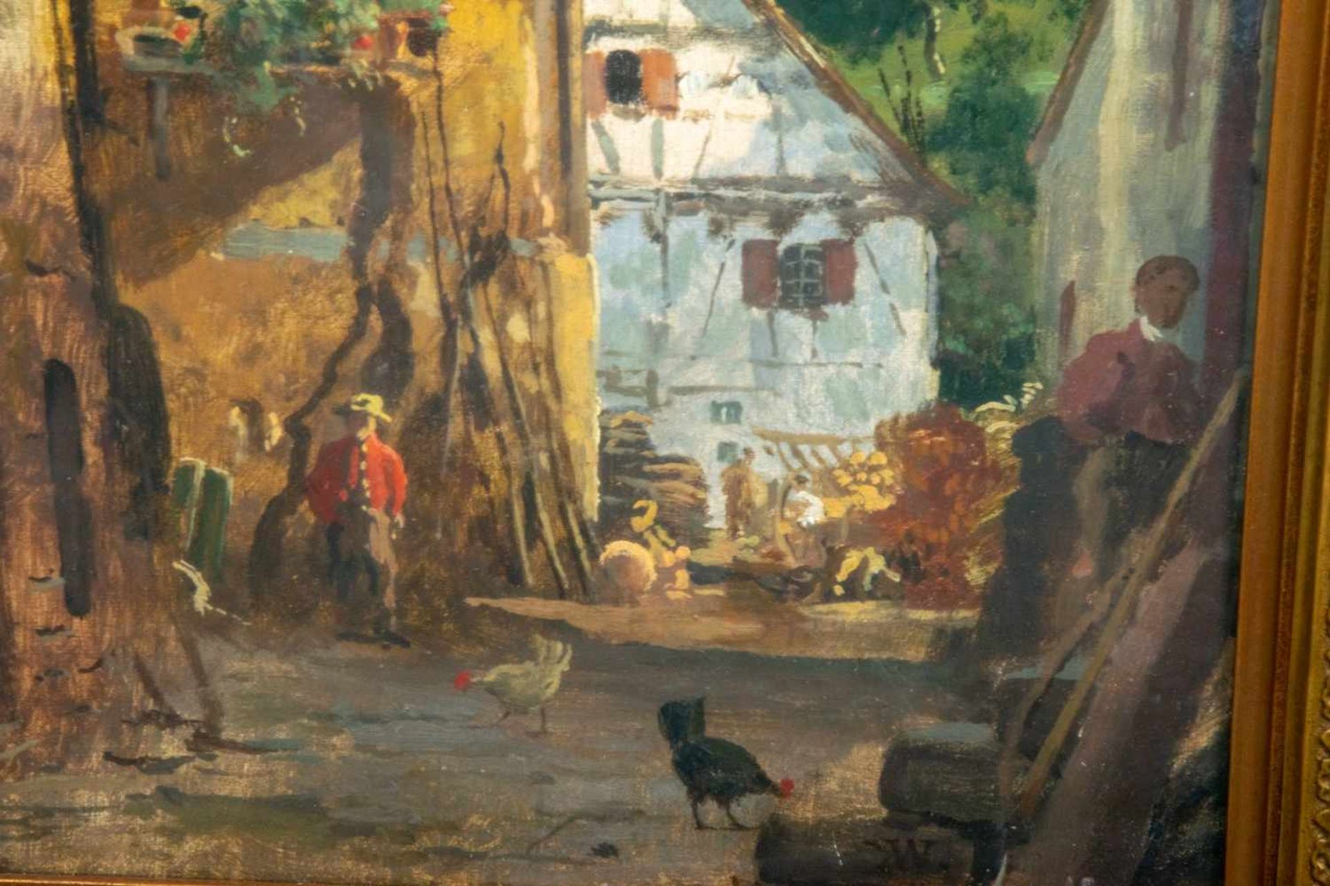 "Blick in eine Fachwerk-Gasse", Gemälde, Öl auf Platte, ca. 35 x 24 cm, monogrammiert "JW" oder "DW" - Bild 3 aus 6