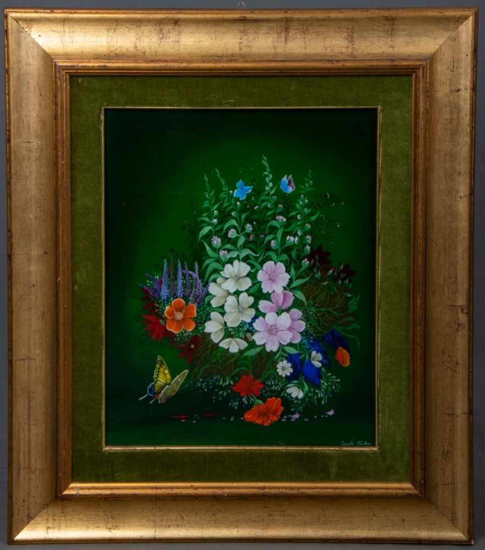 "Blühendes Blumenbeet mit nahendem Schmetterling" - dekorative, farbenfrohe Hinterglasmalerei des