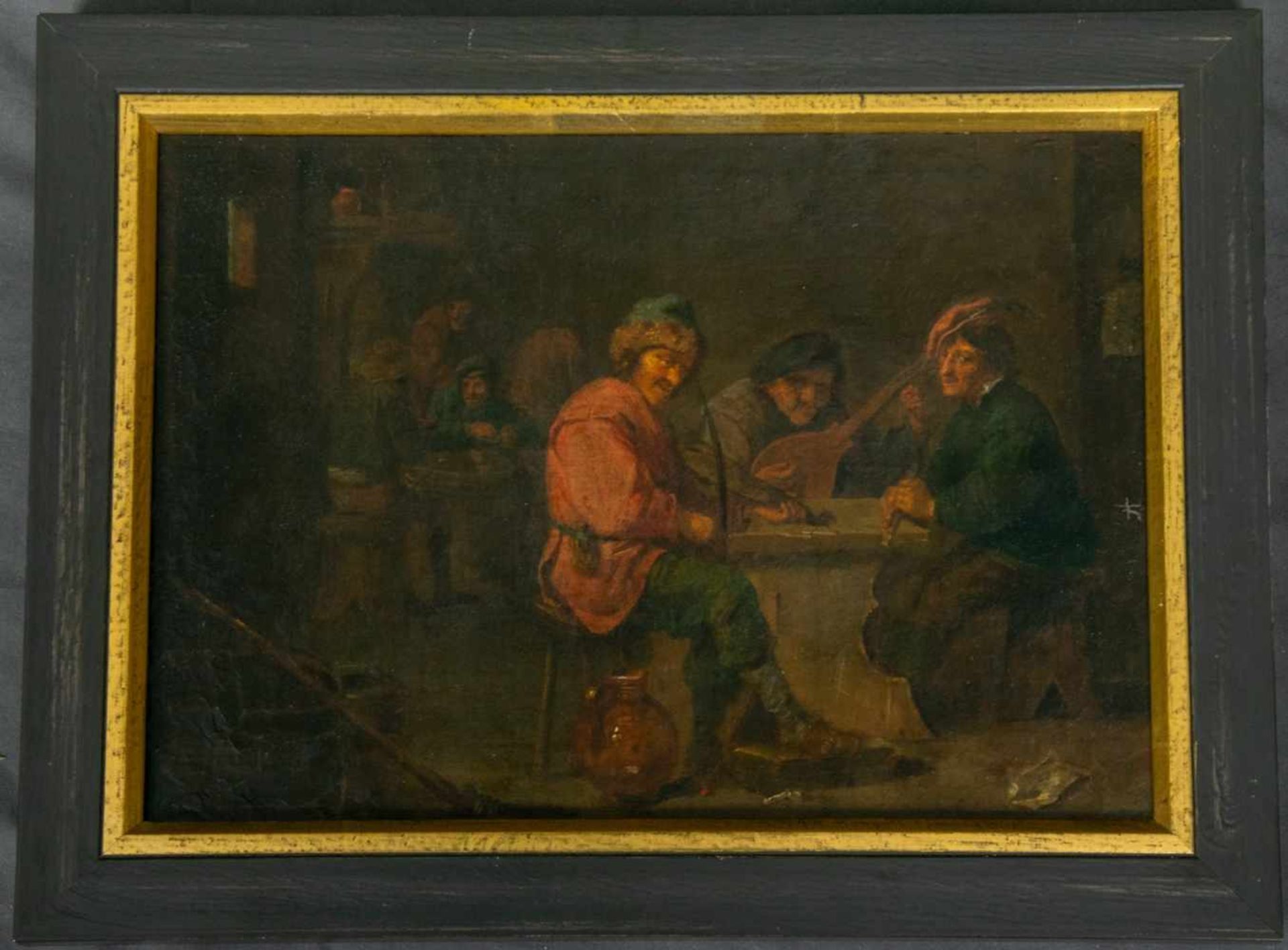 "In der Taverne". Gemälde Niederlande 18. Jhd., Öl auf Leinwand, ca. 35 x 26 cm, unsigniert,