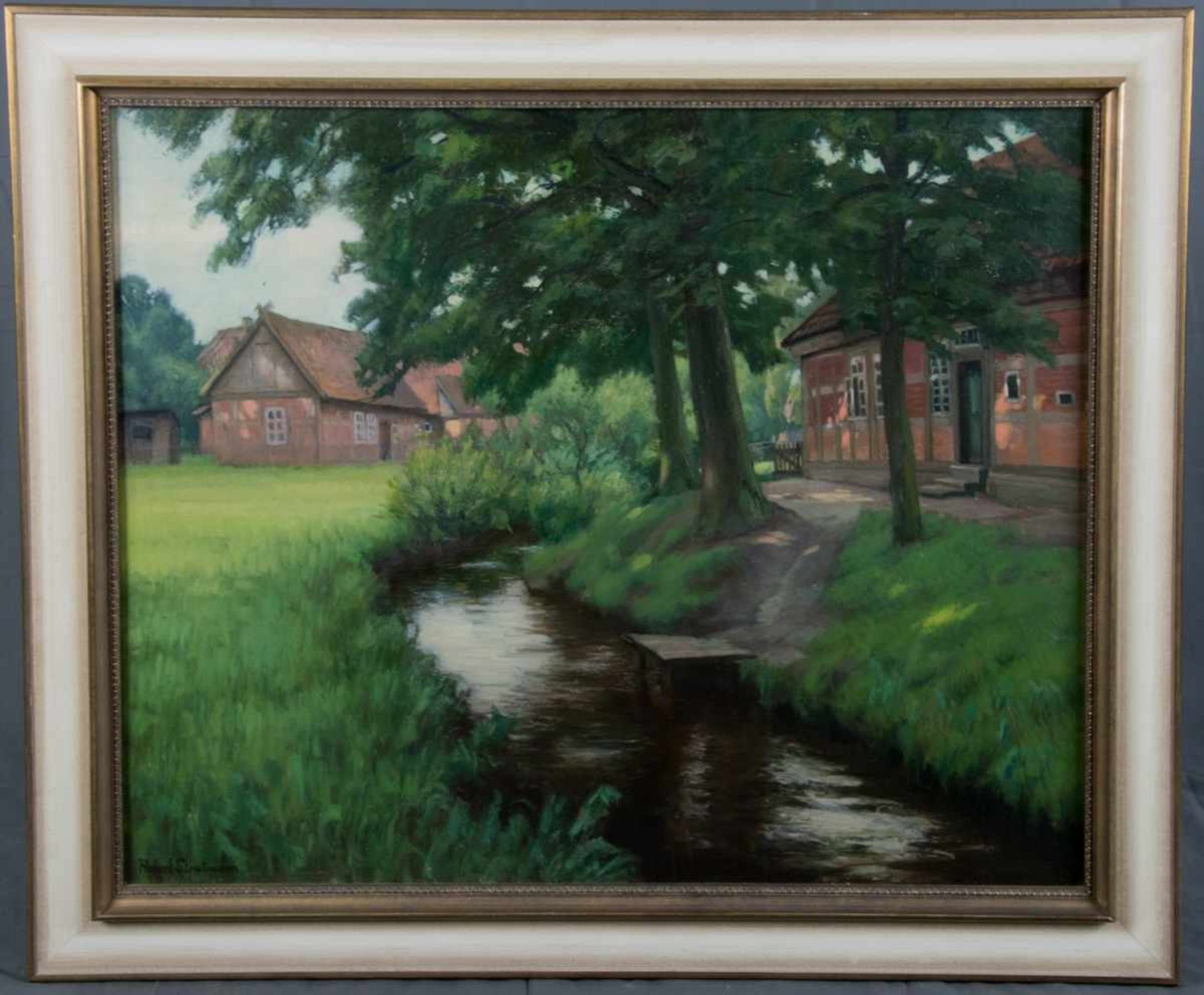 "Kate am Bach" - Gemälde, Öl auf Schichtholzplatte, ca. 75 x 92 cm, signiert von Robert STRATMANN (