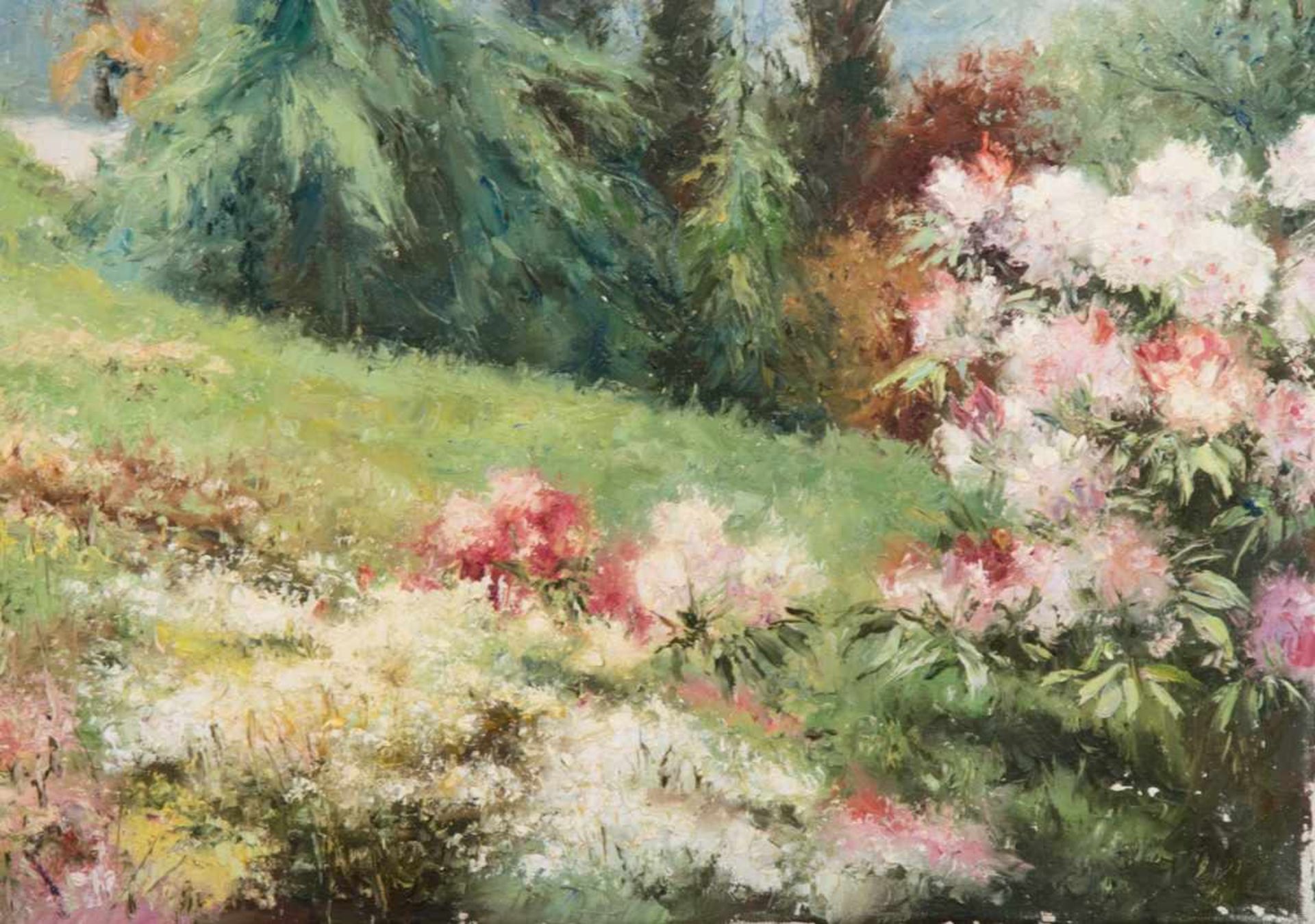 "Blühender Garten". Gemälde, Öl auf Leinwand, unten links undeutlich signiert, ungerahmt, ca. 70 x - Bild 4 aus 6