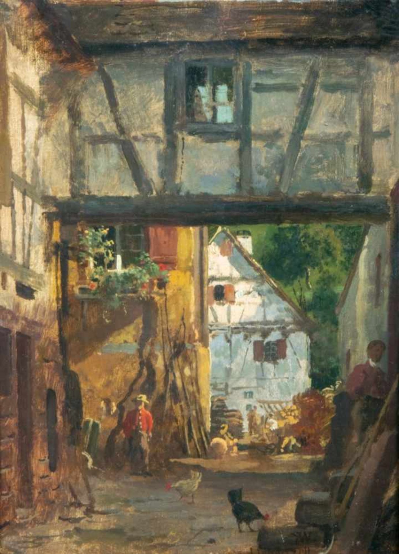 "Blick in eine Fachwerk-Gasse", Gemälde, Öl auf Platte, ca. 35 x 24 cm, monogrammiert "JW" oder "DW" - Bild 2 aus 6