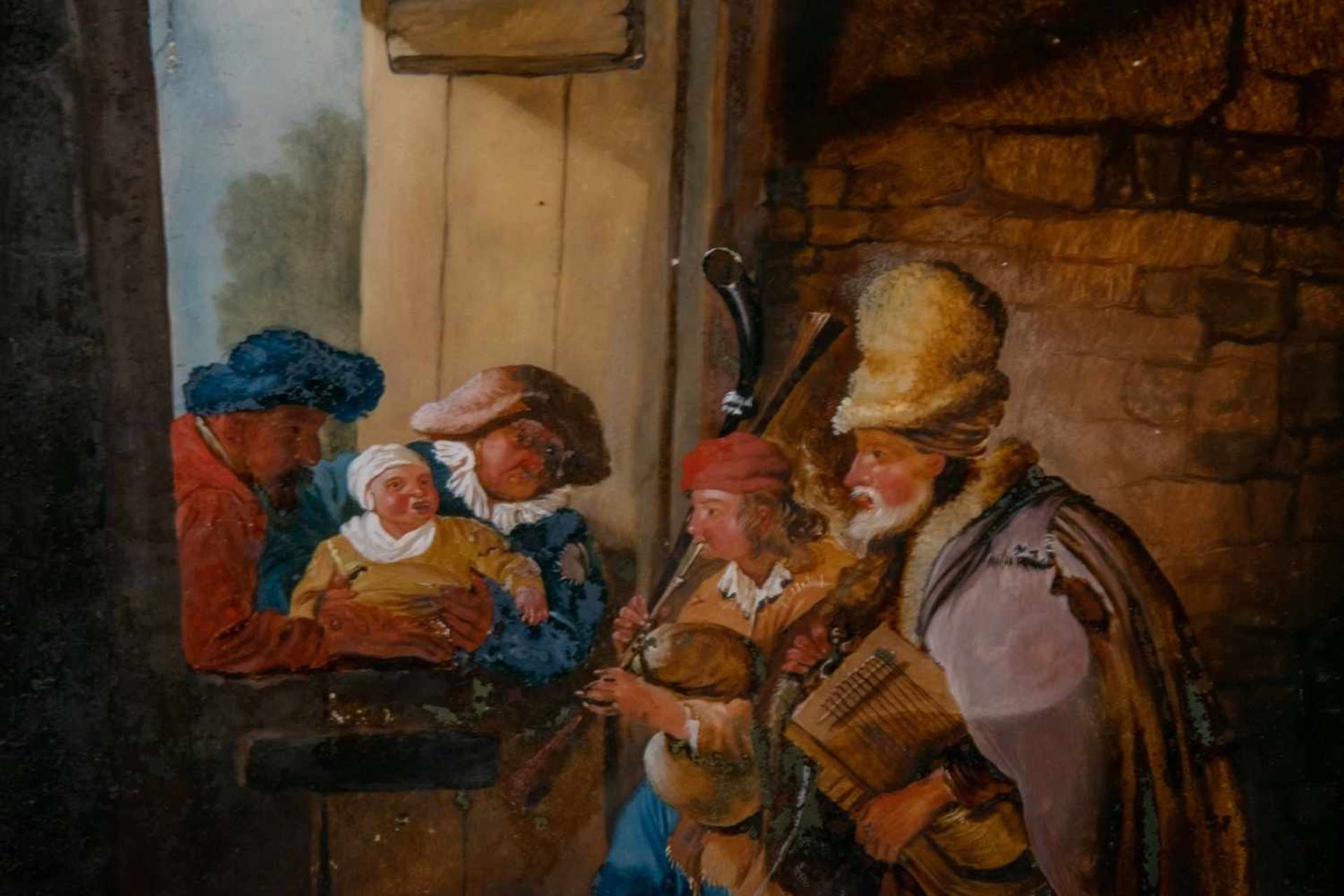 "Musikanten" im Stall. Hinterglasmalerei, 18. Jhd., ca. 41 x 31 cm. Rahmen beigegeben, orig. - Bild 2 aus 4