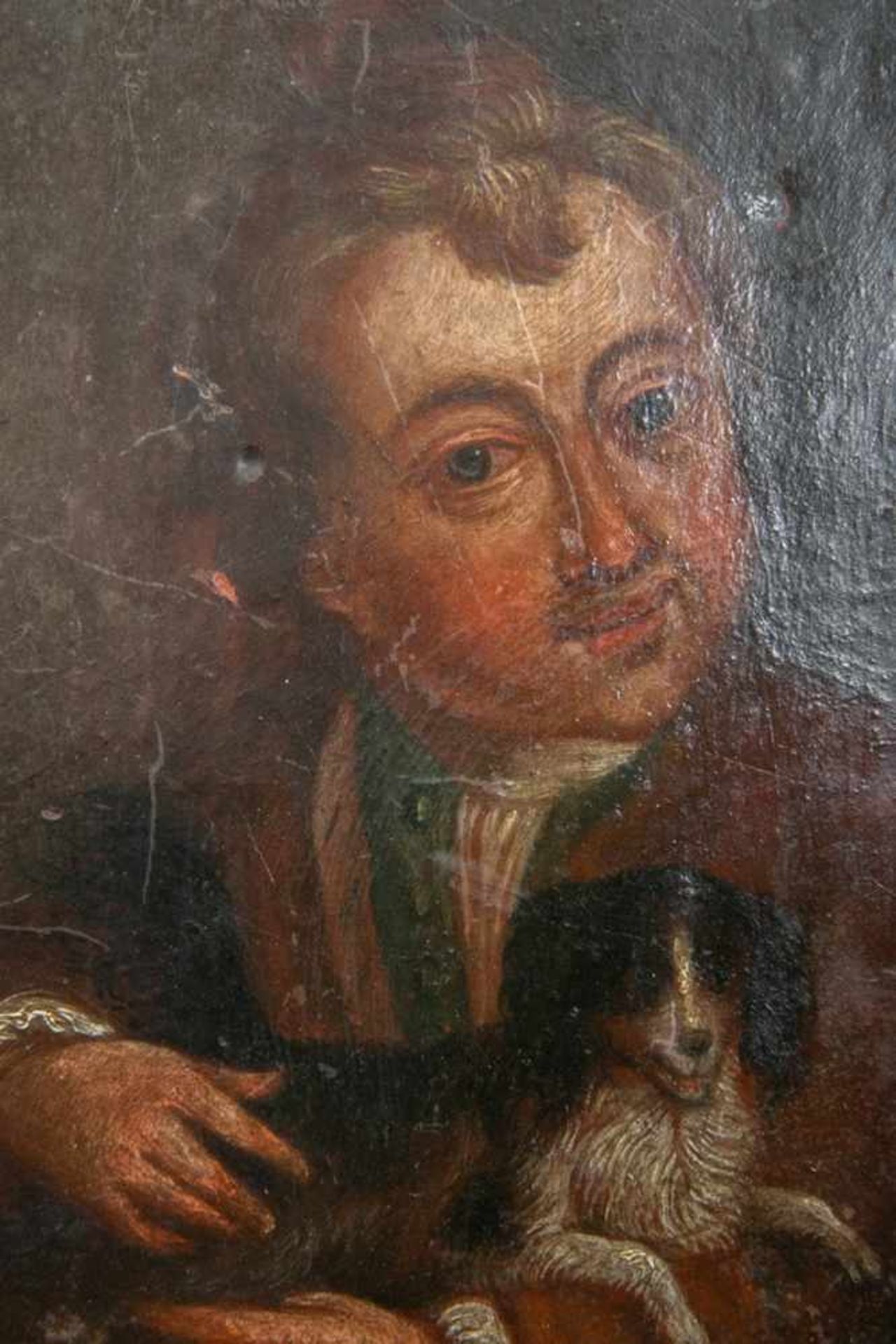 "Junger Mann mit Hündchen", Öl auf Holztafel, ca. 16,5 x 14 cm, rückseitig mit Tinte bez.: von "H. - Bild 4 aus 5