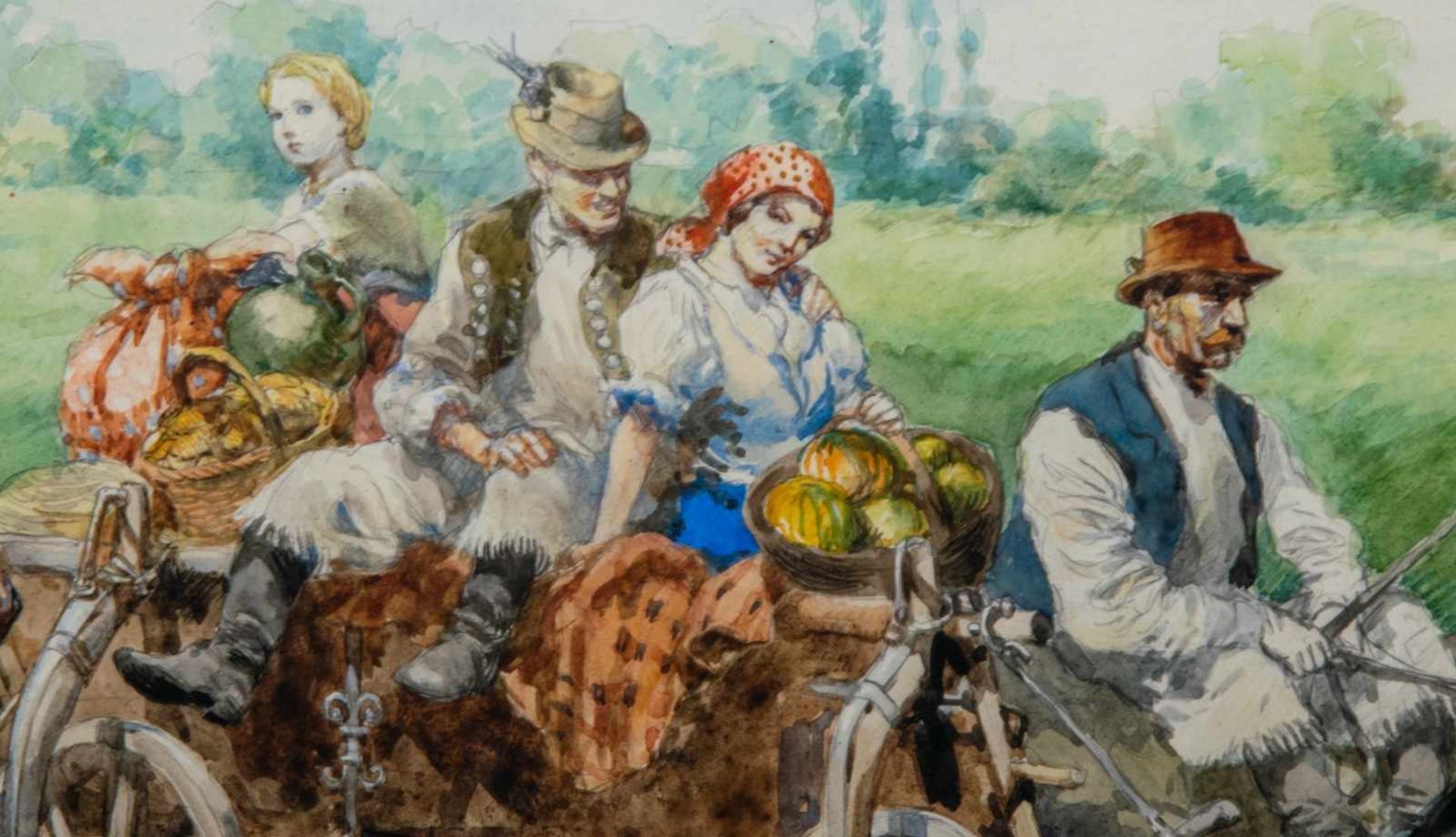 "Sommerliche Kutschfahrt" - großformatiges Aquarell, ca. 60 x 100 cm, signiert "Wallburg, Egon - - Bild 3 aus 6