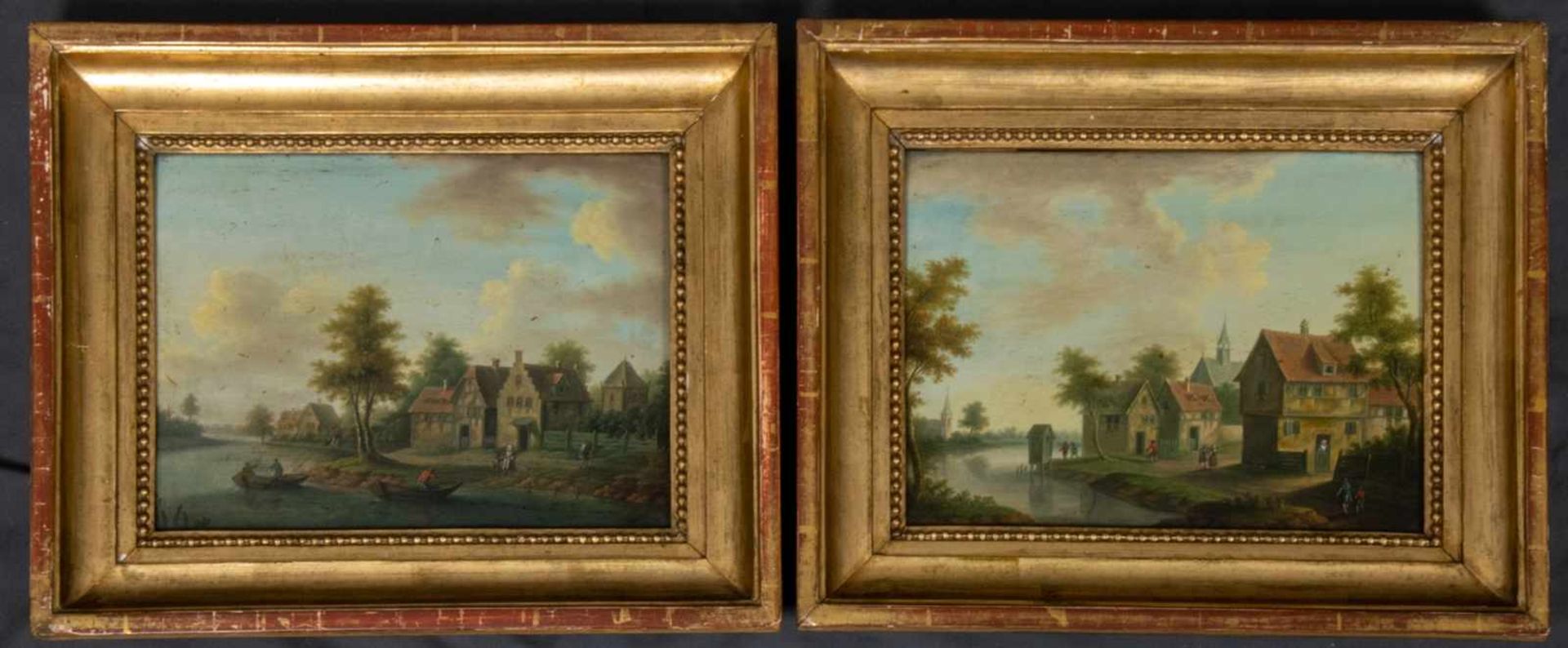 "Paar Landschaften" - Gemälde, Öl auf Holz, je ca. 23 x 31 cm. Paar identisch gerahmter,