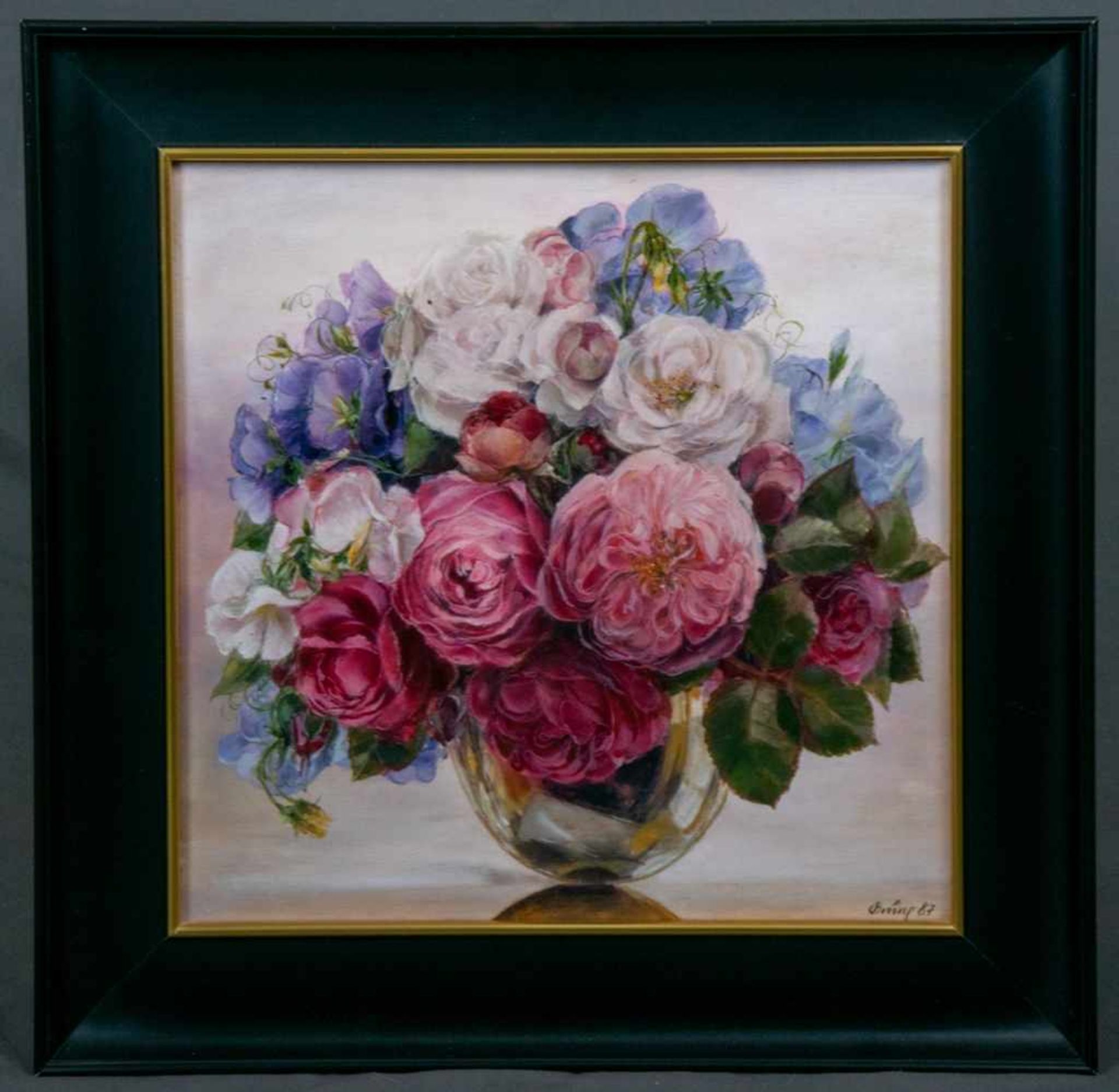 "Rosenstrauß" in Glasvase, Gemälde, Öl auf Schichtholzplatte, ca. 34 x 34 cm, Rahmen beigegeben,
