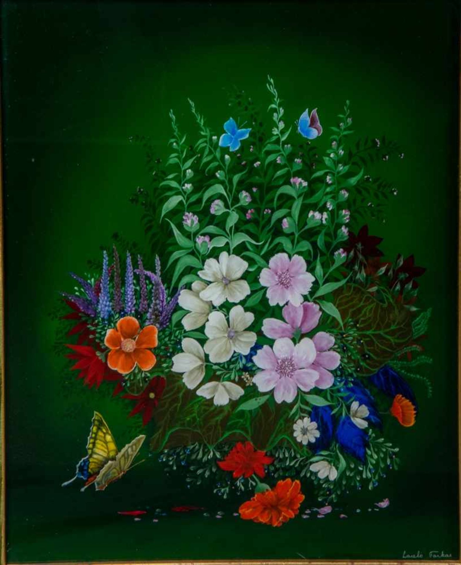 "Blühendes Blumenbeet mit nahendem Schmetterling" - dekorative, farbenfrohe Hinterglasmalerei des - Bild 2 aus 5
