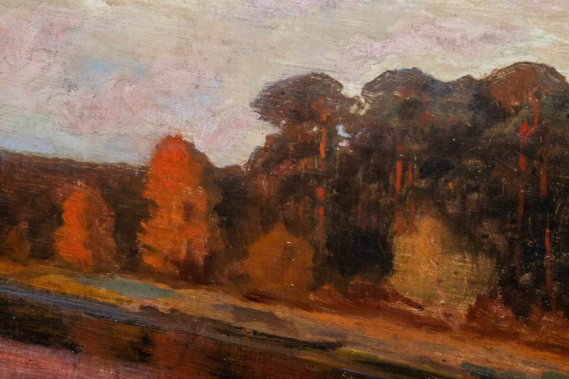 "Märkische Landschaft im Abendrot", Gemälde, Öl auf Leinwand, ca. 37 x 69 cm, signiert R. - Bild 3 aus 5