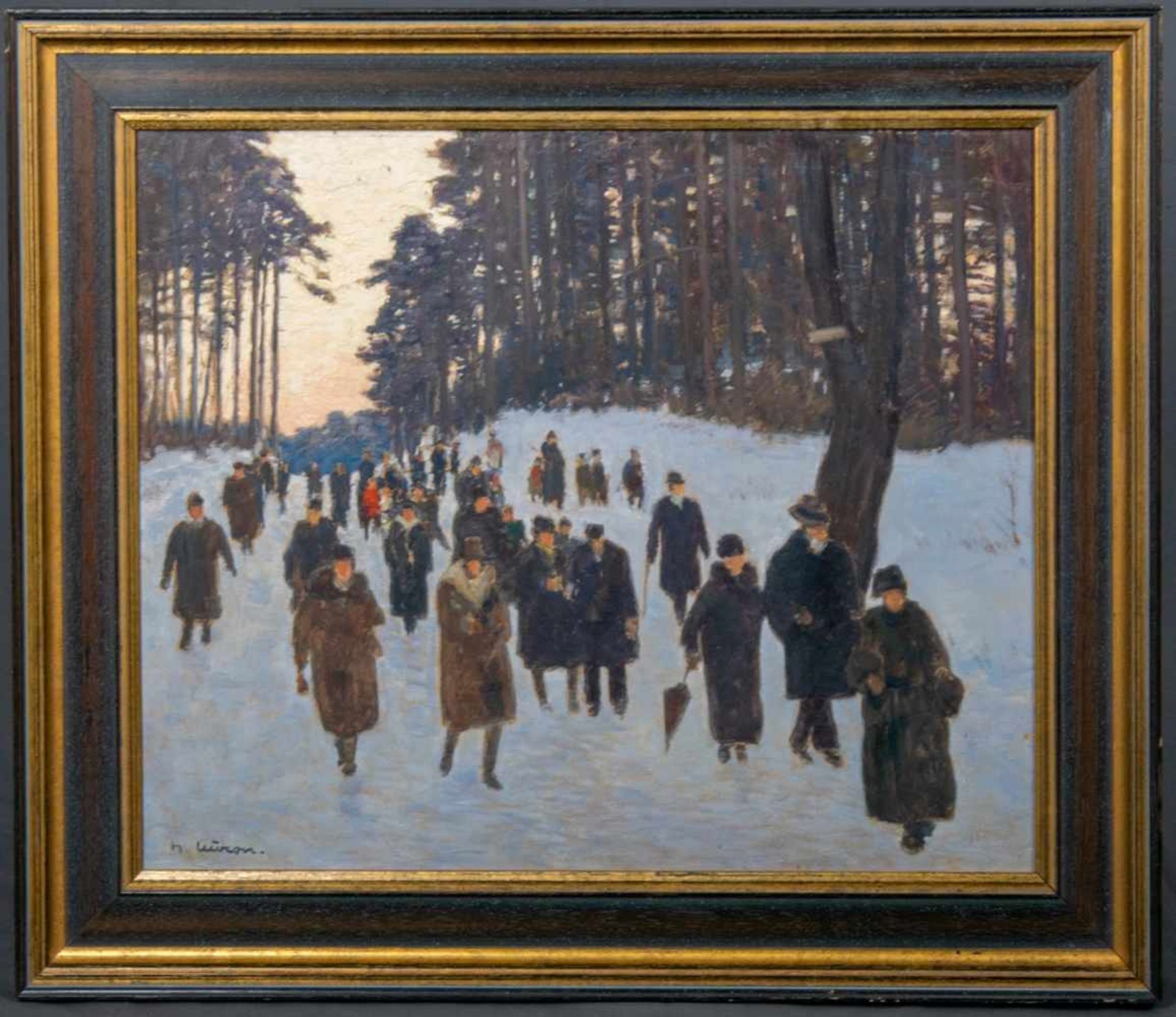 "Wald-Spaziergang" im Schnee, vielfigurige Szenerie, Anfang 20. Jhd., ca. 50 x 60 cm, Gemälde, Öl