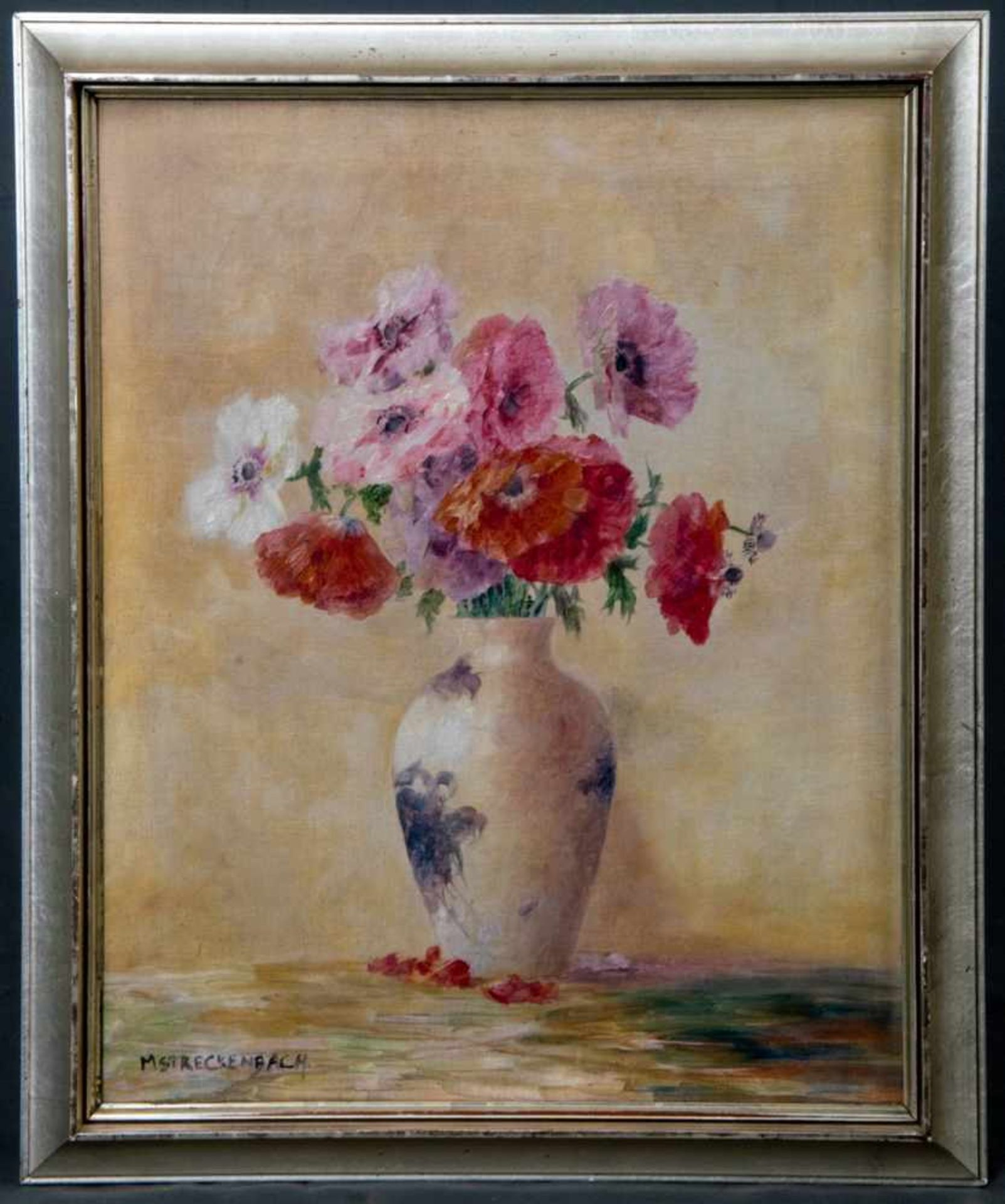 "Stilleben mit Mohn" in blauweißer Porzellanvase, Gemälde des Max Theodor Streckenbach (1863