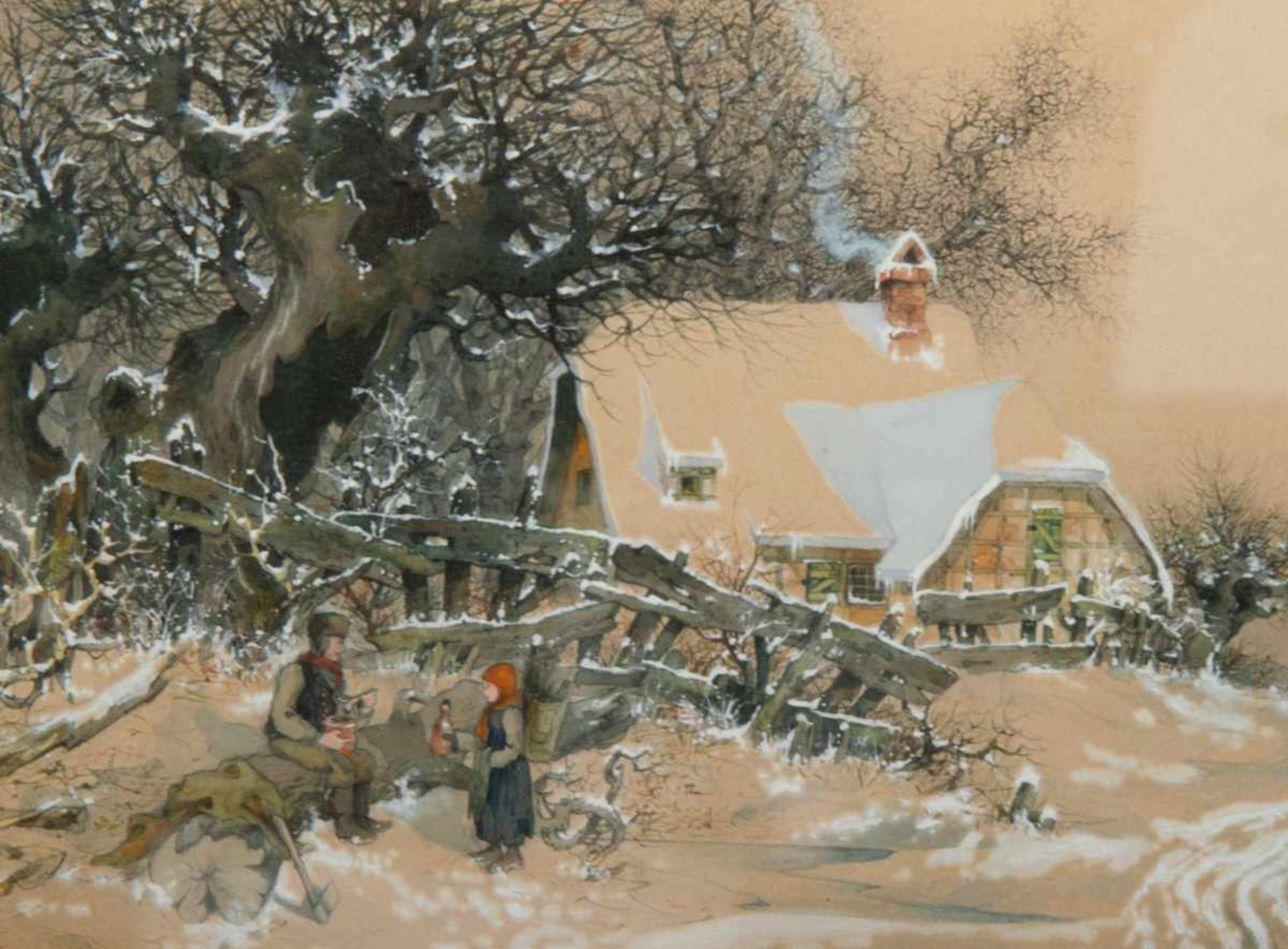 "Picknick im Schnee". Aquarellierte Tuschfederzeichnung, mit Deckweiß gehöht. Bauernhaus in von - Bild 3 aus 6