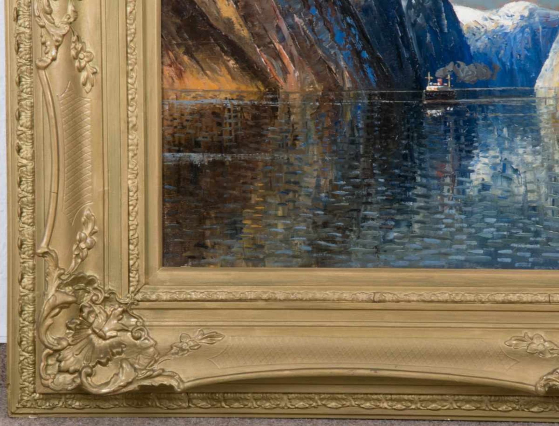 "Norwegische Fjordlandschaft", Gemälde, Öl auf Leinwand ca. 76 x 107 cm, signiert J. Holmstedt = - Bild 5 aus 5