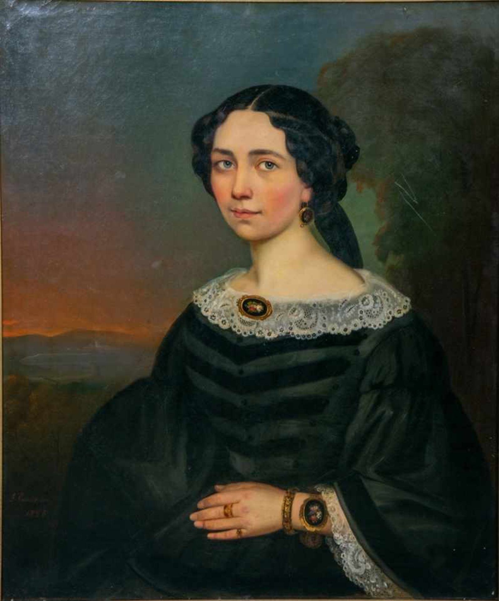 "Elegante junge Dame"- Damenporträt, Öl auf Leinwand, ca 83 x 69 cm, unklar signiert, 1858 datiertes - Bild 2 aus 8