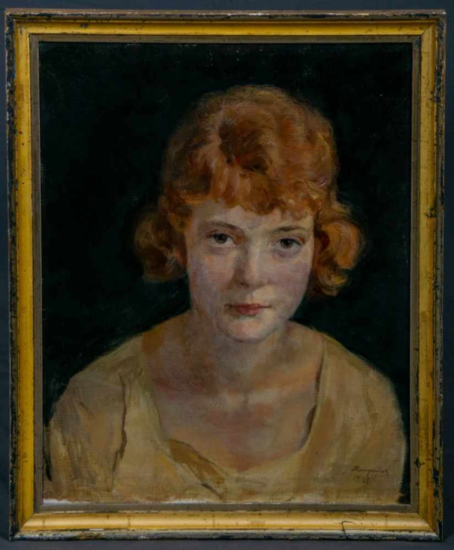 "Porträt einer jungen rothaarigen Dame" mit forderndem Blick, gekonnt in Szene gesetzt, gemaltes
