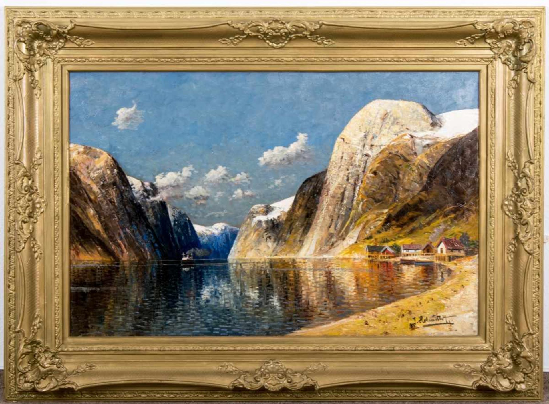 "Norwegische Fjordlandschaft", Gemälde, Öl auf Leinwand ca. 76 x 107 cm, signiert J. Holmstedt =