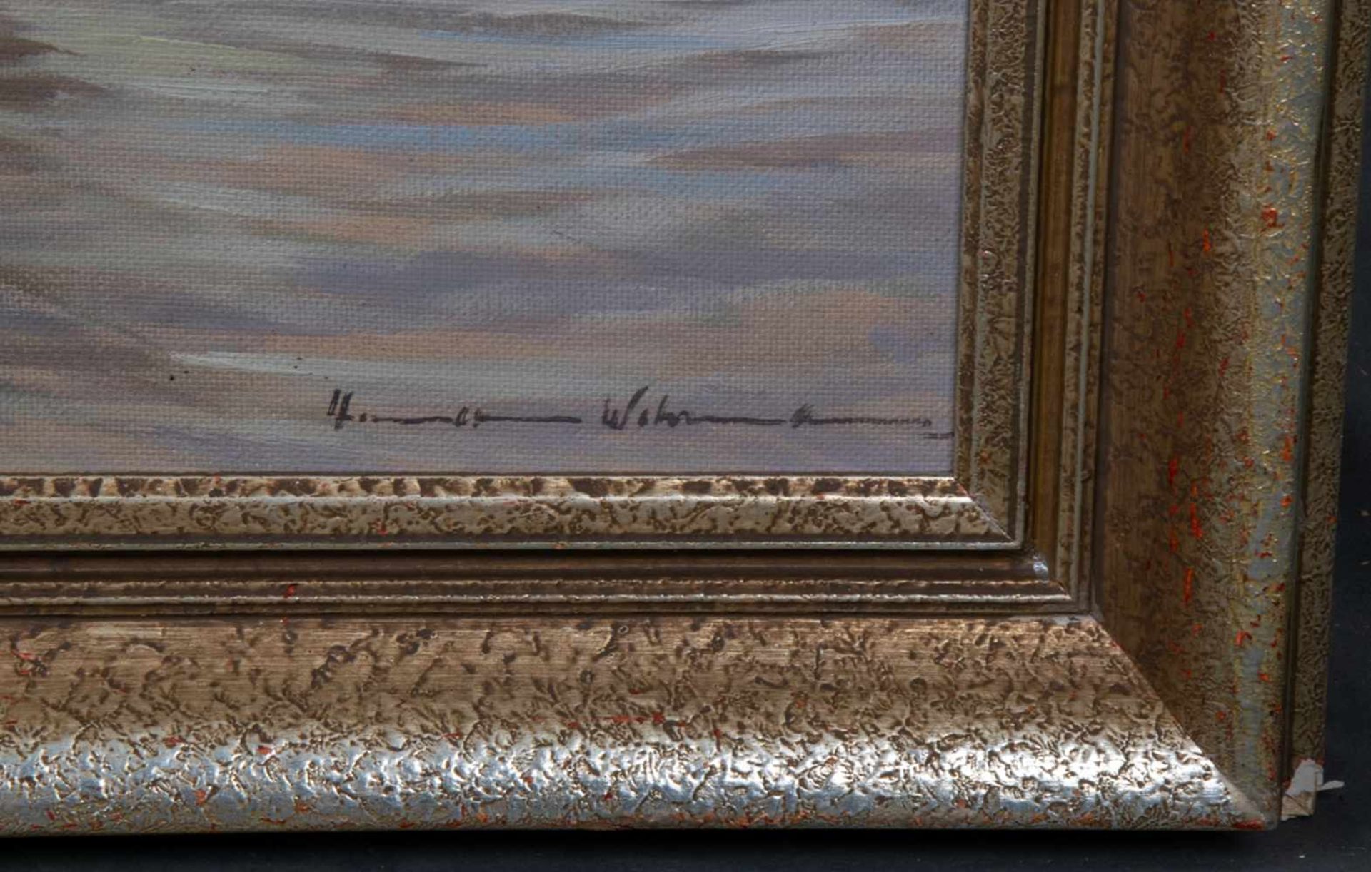 "Stürmische friesische Küstenlandschaft". Gemälde, Öl auf Hartfaserplatte, ca. 65 x 95 cm, - Bild 6 aus 8