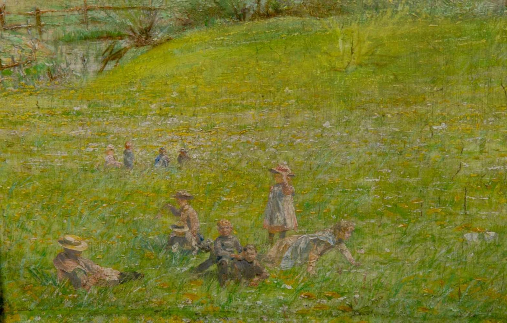 "Spielende Kinder" in Wiesenlandschaft, Gemälde, Öl auf Leinwand, undeutlich signiert "Homeyer Mai - Bild 5 aus 6