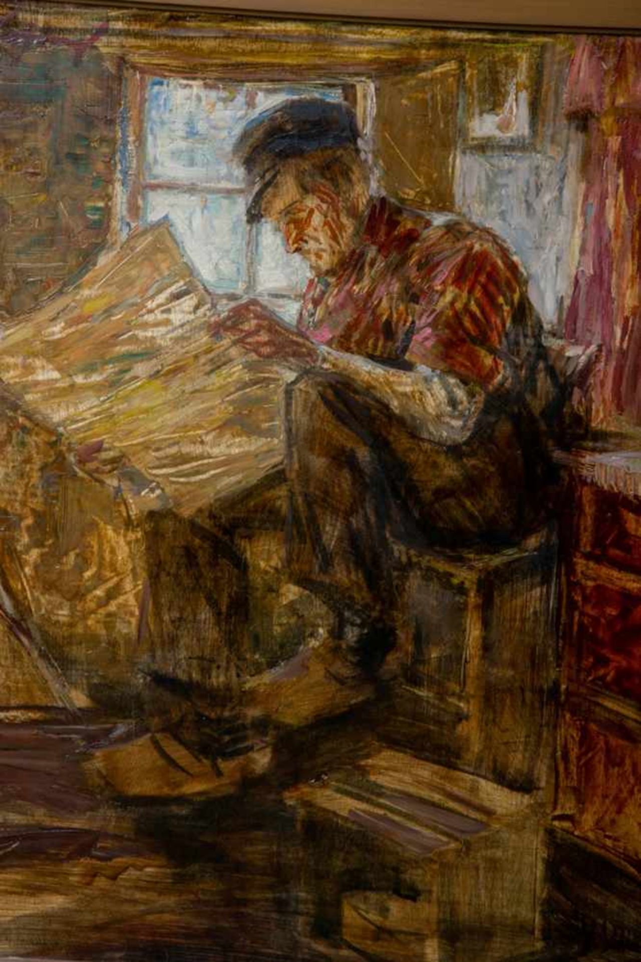 "Die Zeitung" lesender Arbeiter auf einer Kiste sitzend. Gemälde, Öl auf Platte, ca. 60 x 50 cm, - Bild 2 aus 6