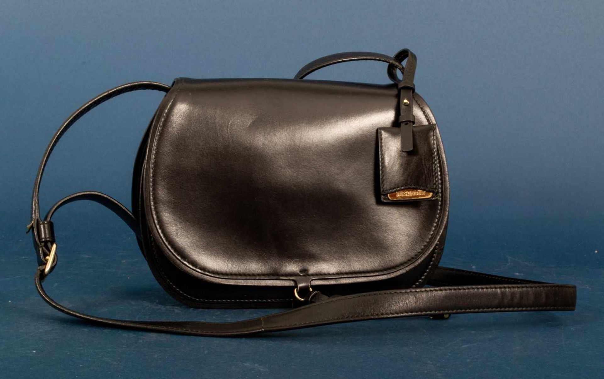 JIL SANDER - Damenhandtasche/Umhängetasche, schwarzes Leder mit polierten Messing-Beschlägen/