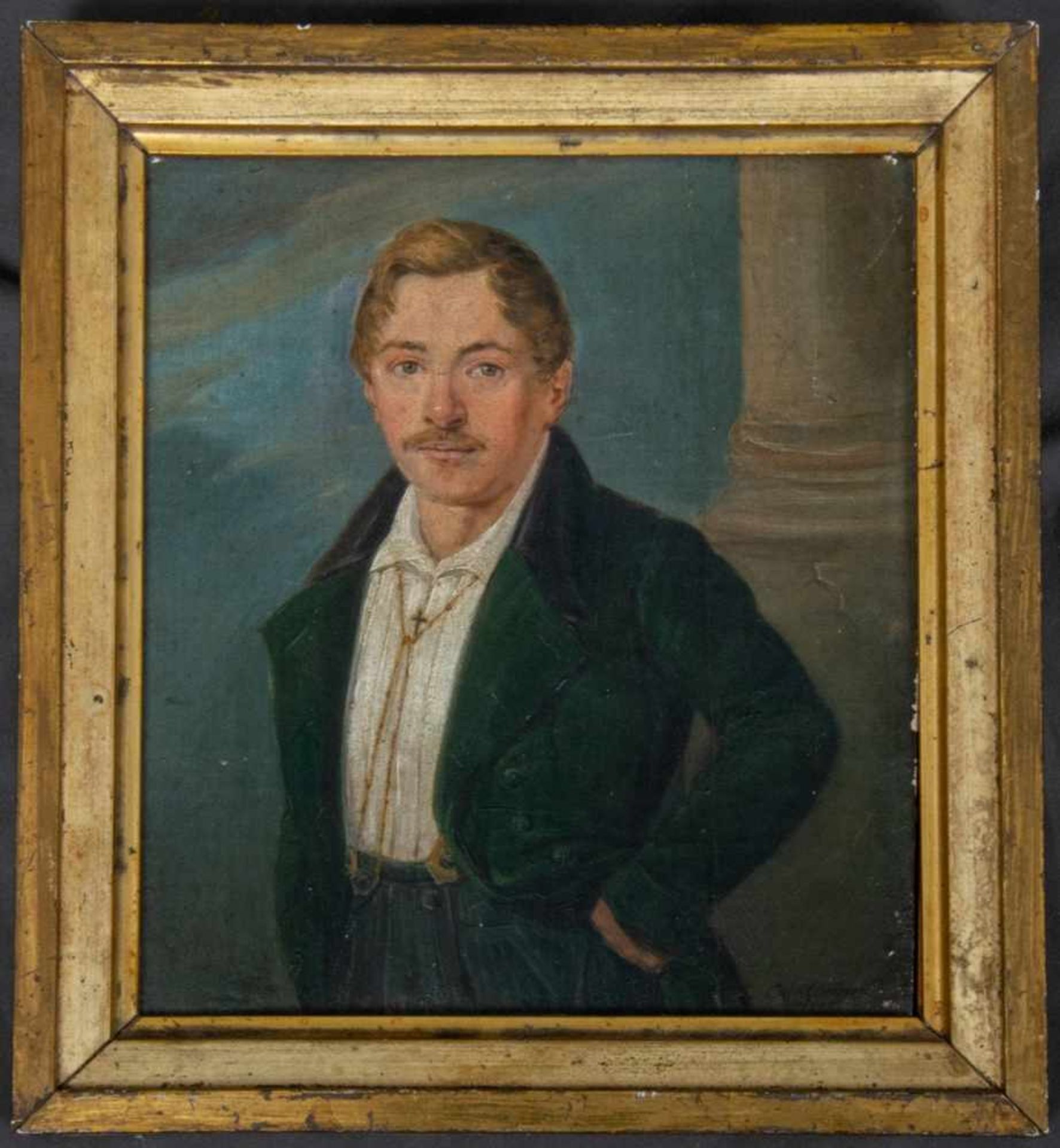 "Herrenporträt". Gemälde, Öl auf Holztafel, ca. 23 x 20 cm, signiert & datiert unten rechts "
