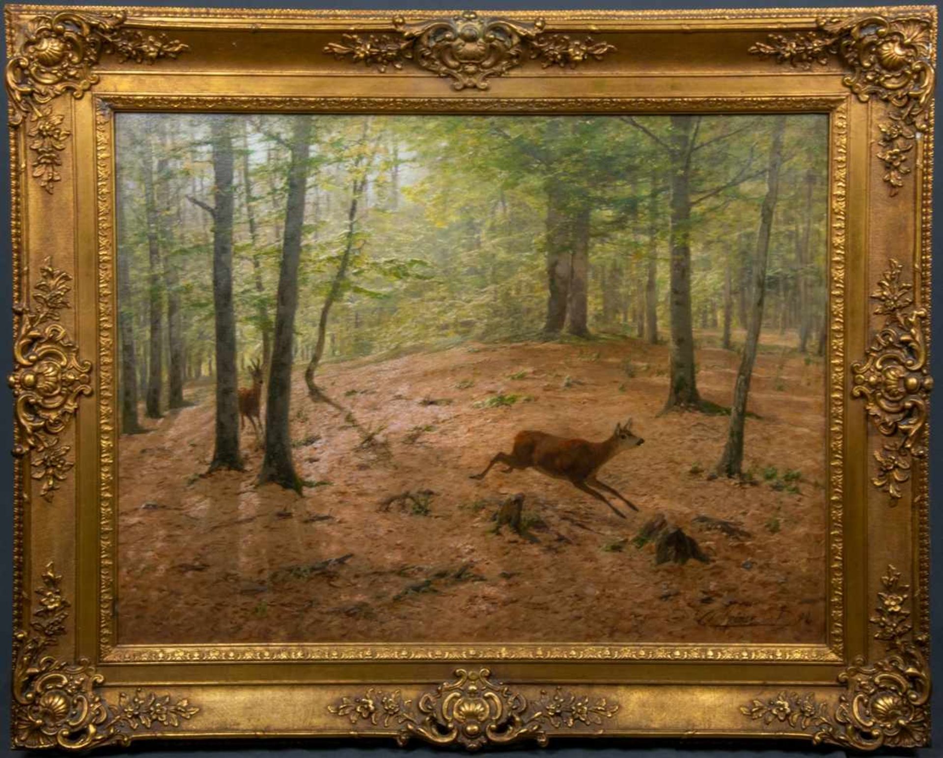 "Flüchtendes Rotwild im Laubwald", Gemälde, Öl auf Leinwand, ca. 80 x 106 cm, signiert, Ortsangabe &