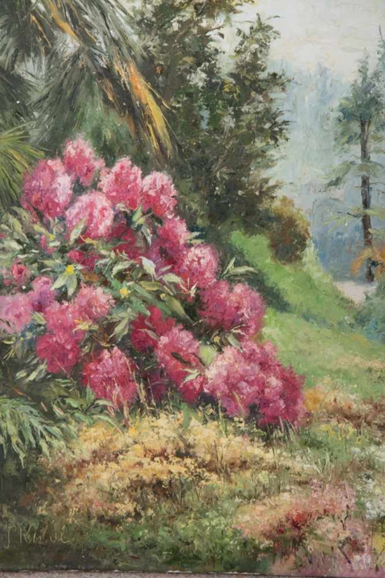 "Blühender Garten". Gemälde, Öl auf Leinwand, unten links undeutlich signiert, ungerahmt, ca. 70 x - Bild 2 aus 6