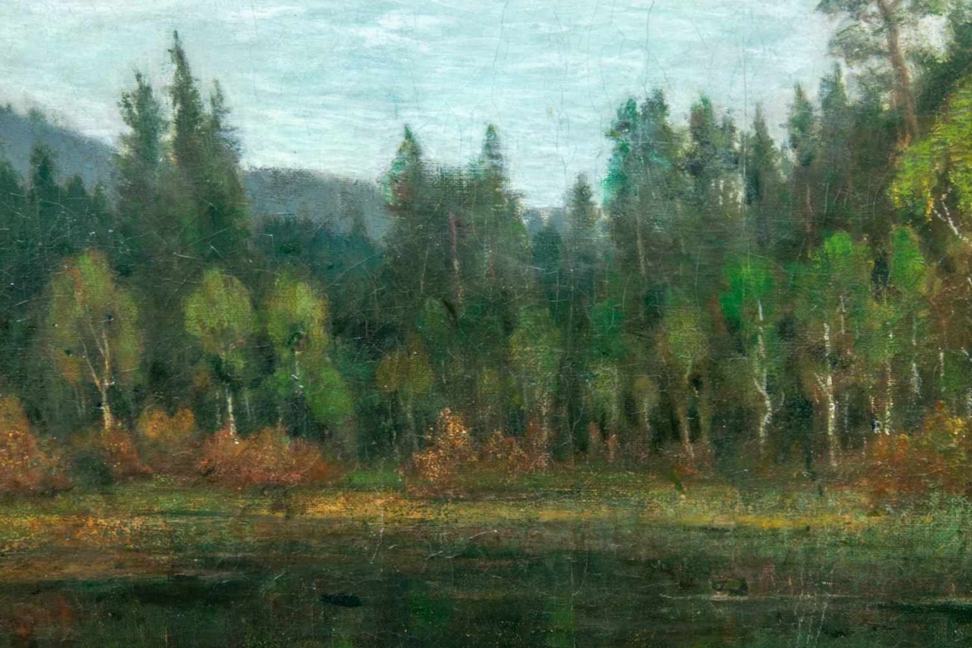 "Herbstlicher Wald mit See". Gemälde, Öl auf Leinwand, ca. 64 x 100 cm, signiert C. Eilers = - Bild 4 aus 9