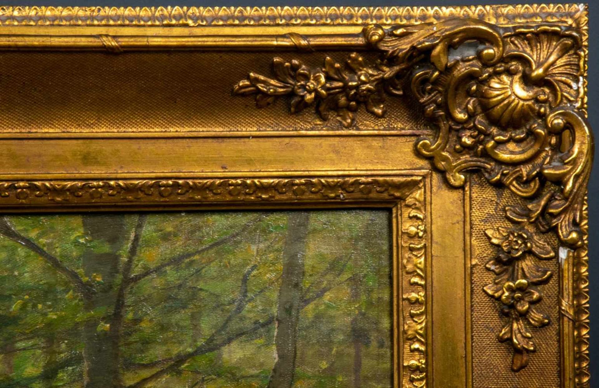 "Flüchtendes Rotwild im Laubwald", Gemälde, Öl auf Leinwand, ca. 80 x 106 cm, signiert, Ortsangabe & - Bild 5 aus 7