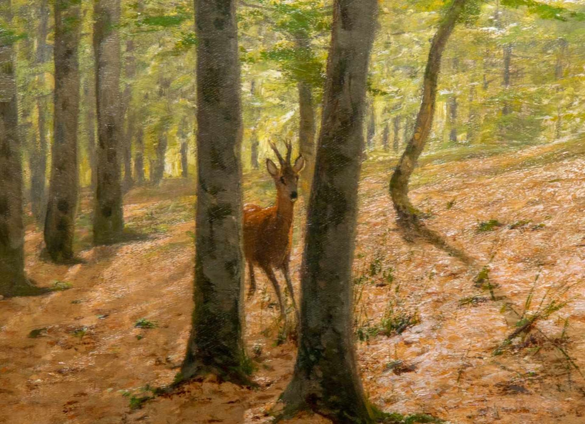 "Flüchtendes Rotwild im Laubwald", Gemälde, Öl auf Leinwand, ca. 80 x 106 cm, signiert, Ortsangabe & - Bild 4 aus 7