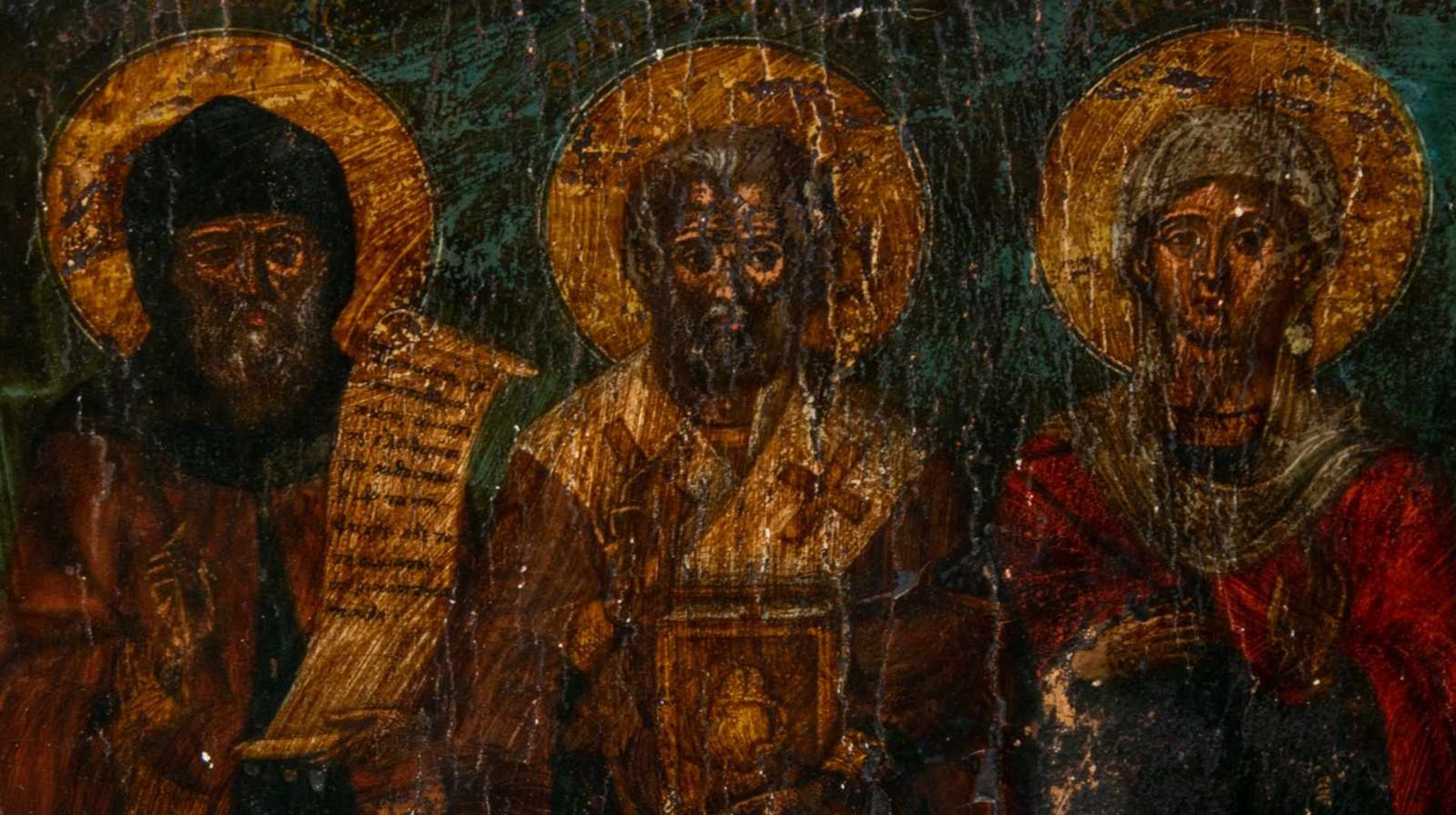 Alte oder antike Ikone mit Darstellung dreier Heiliger. Eitempera auf Eichenholztafel, ca. 48 x 37 - Bild 5 aus 6