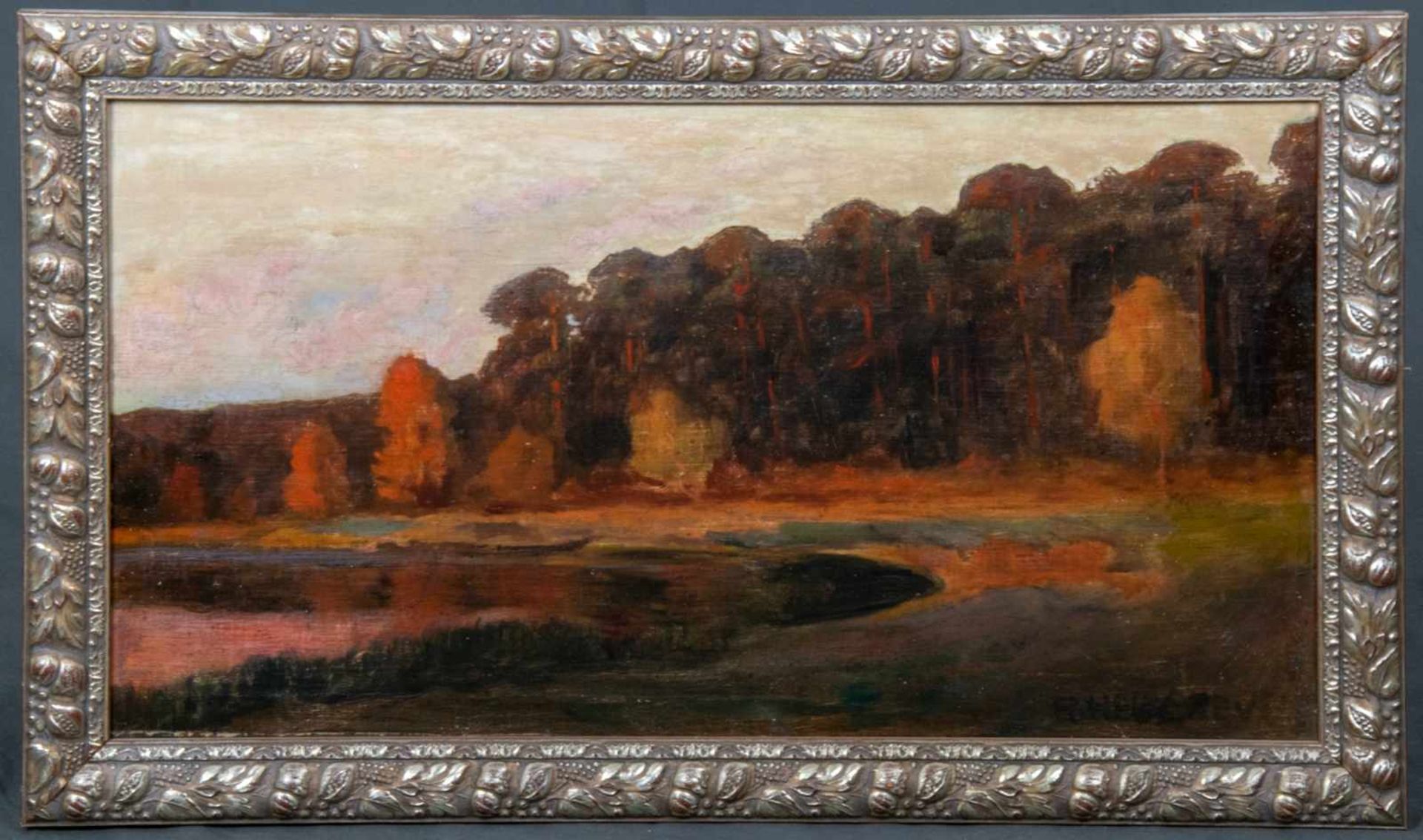 "Märkische Landschaft im Abendrot", Gemälde, Öl auf Leinwand, ca. 37 x 69 cm, signiert R.