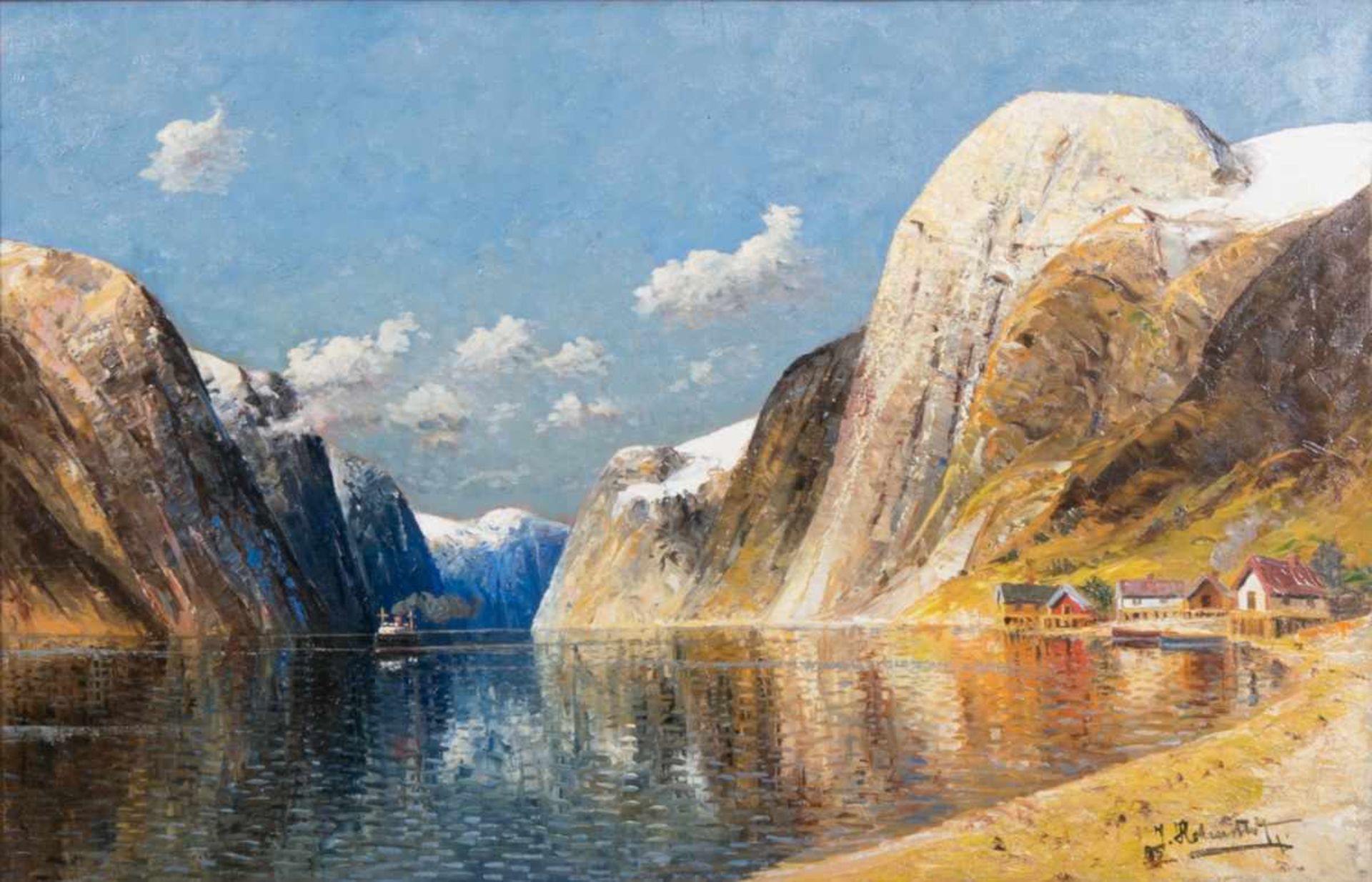 "Norwegische Fjordlandschaft", Gemälde, Öl auf Leinwand ca. 76 x 107 cm, signiert J. Holmstedt = - Bild 2 aus 5