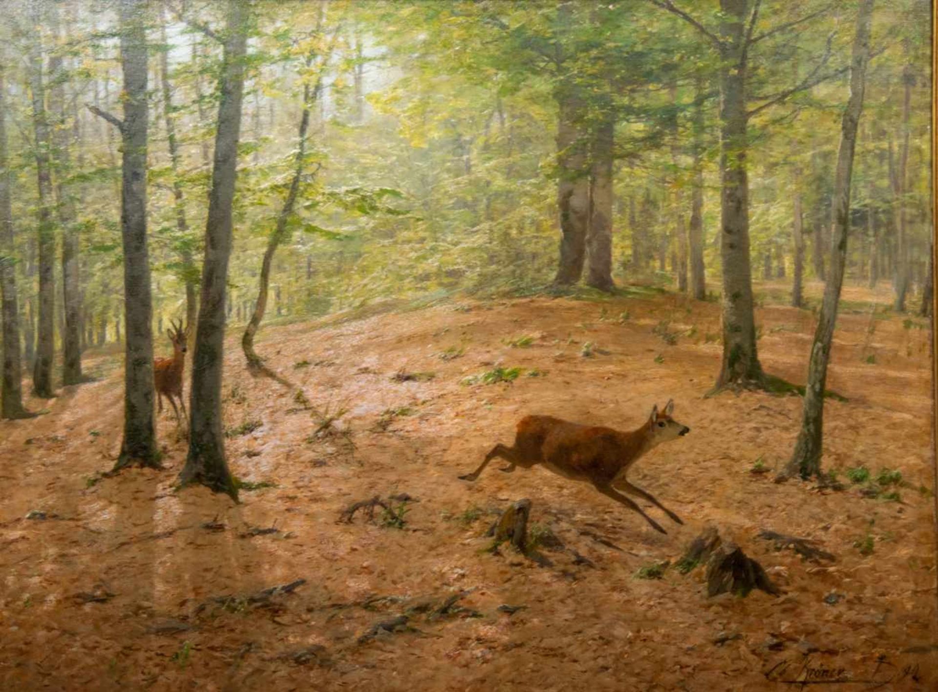 "Flüchtendes Rotwild im Laubwald", Gemälde, Öl auf Leinwand, ca. 80 x 106 cm, signiert, Ortsangabe & - Bild 2 aus 7