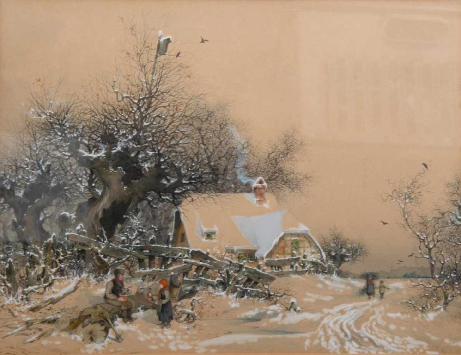 "Picknick im Schnee". Aquarellierte Tuschfederzeichnung, mit Deckweiß gehöht. Bauernhaus in von - Bild 2 aus 6