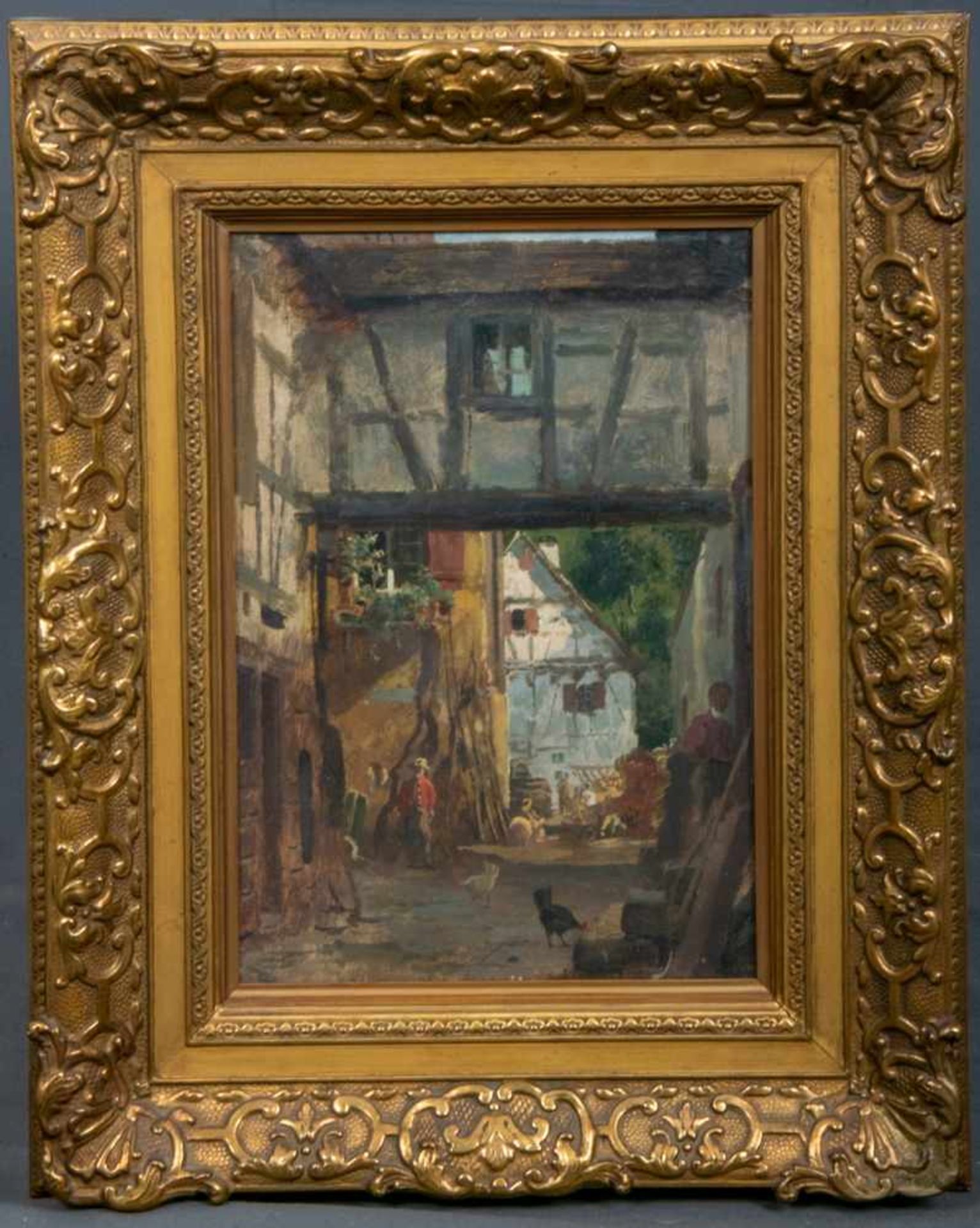 "Blick in eine Fachwerk-Gasse", Gemälde, Öl auf Platte, ca. 35 x 24 cm, monogrammiert "JW" oder "DW"