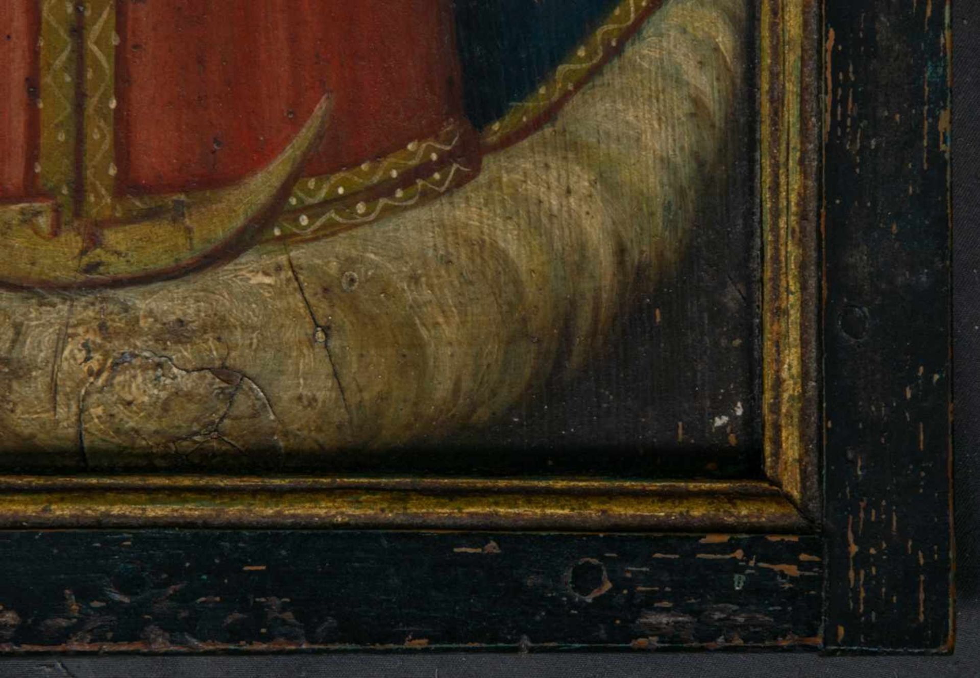 Antike Ikone/Votivtafel "Maria mit dem Kinde". Eitempera auf Nadelholztafel, ca. 31 x 22 cm, 18./19. - Bild 6 aus 7