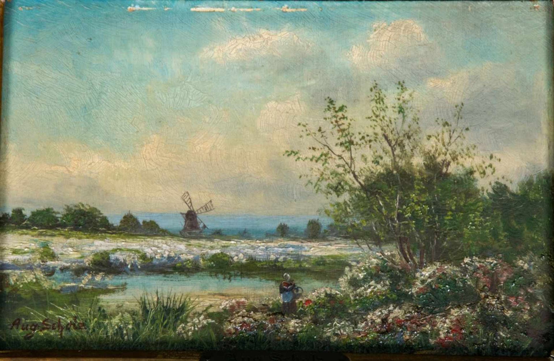 "Blühende Landschaft mit Mühle". Gemälde, Öl auf Holzplatte, um 1880/1900, ca. 20 x 31 cm, - Bild 2 aus 6
