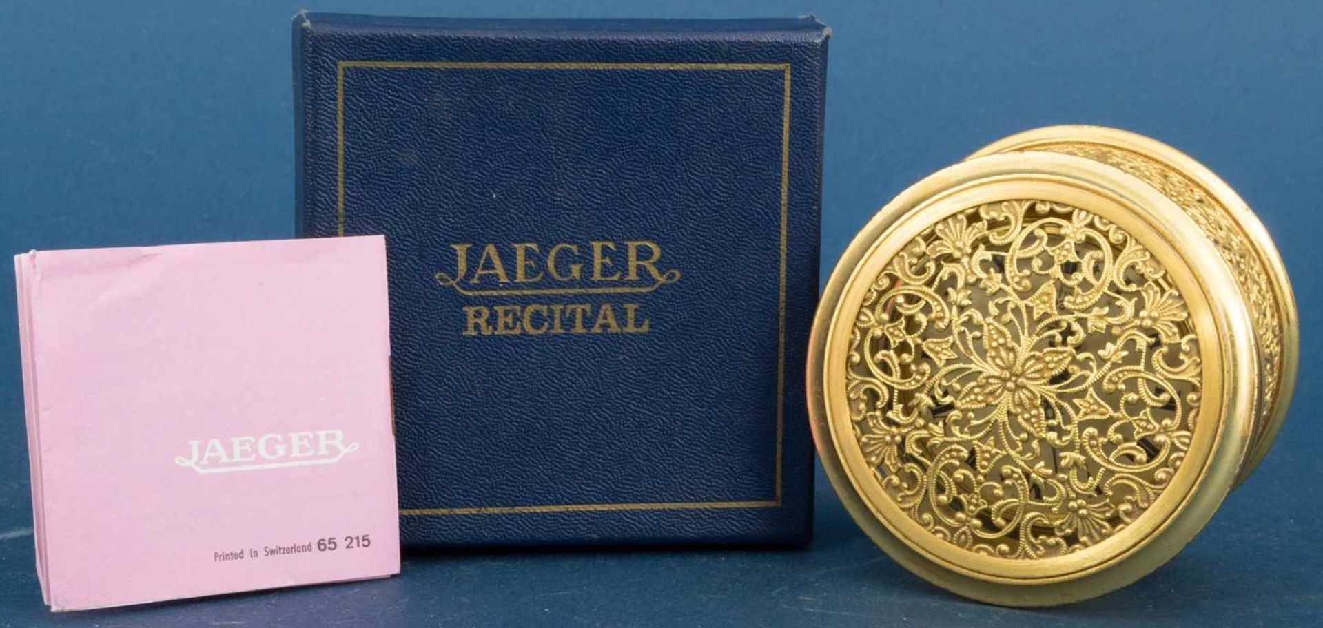 "RECITAL" Tischwecker von JAEGER (LE COULTRE) der 1960er Jahre in orig. Kartonage mit