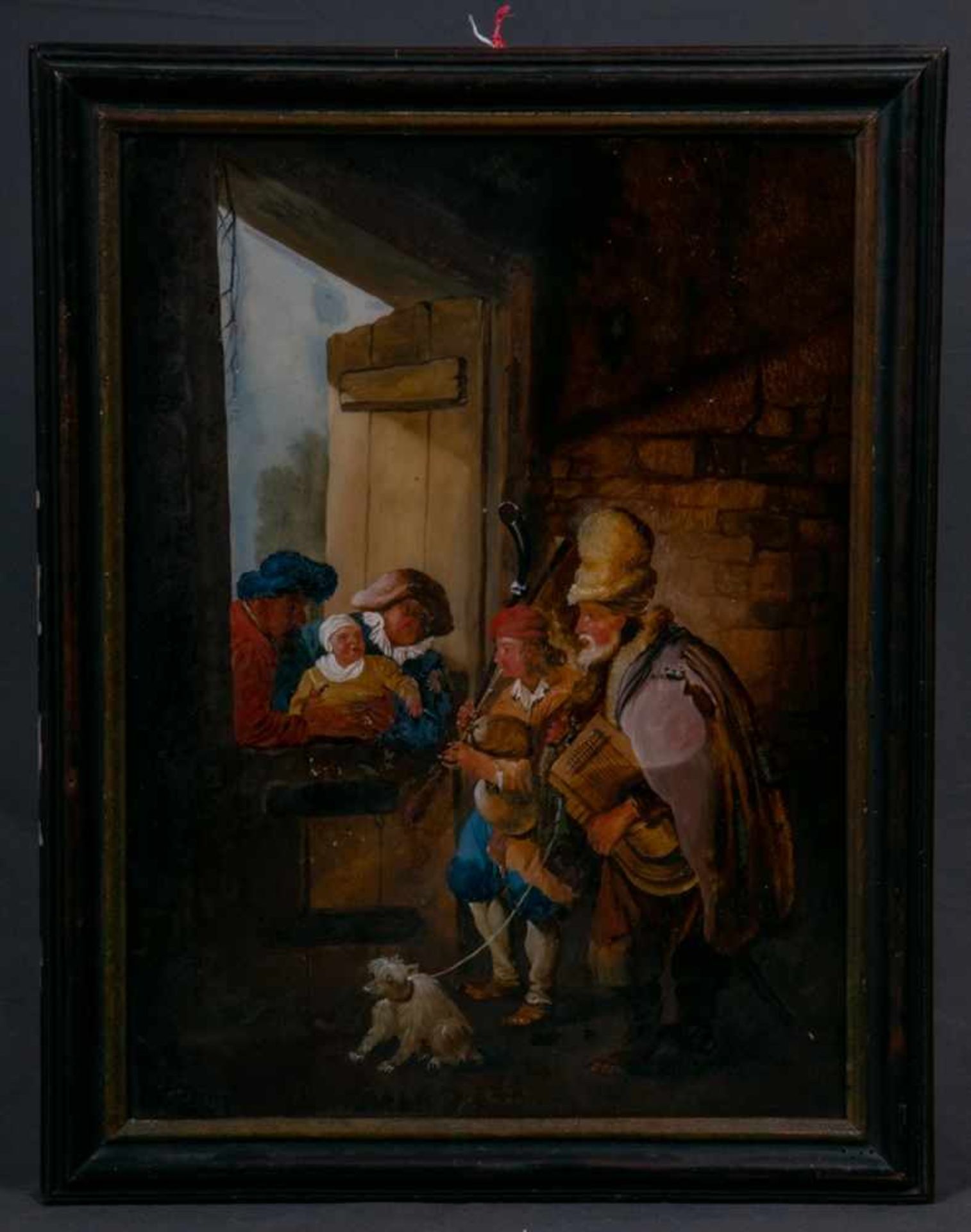 "Musikanten" im Stall. Hinterglasmalerei, 18. Jhd., ca. 41 x 31 cm. Rahmen beigegeben, orig.