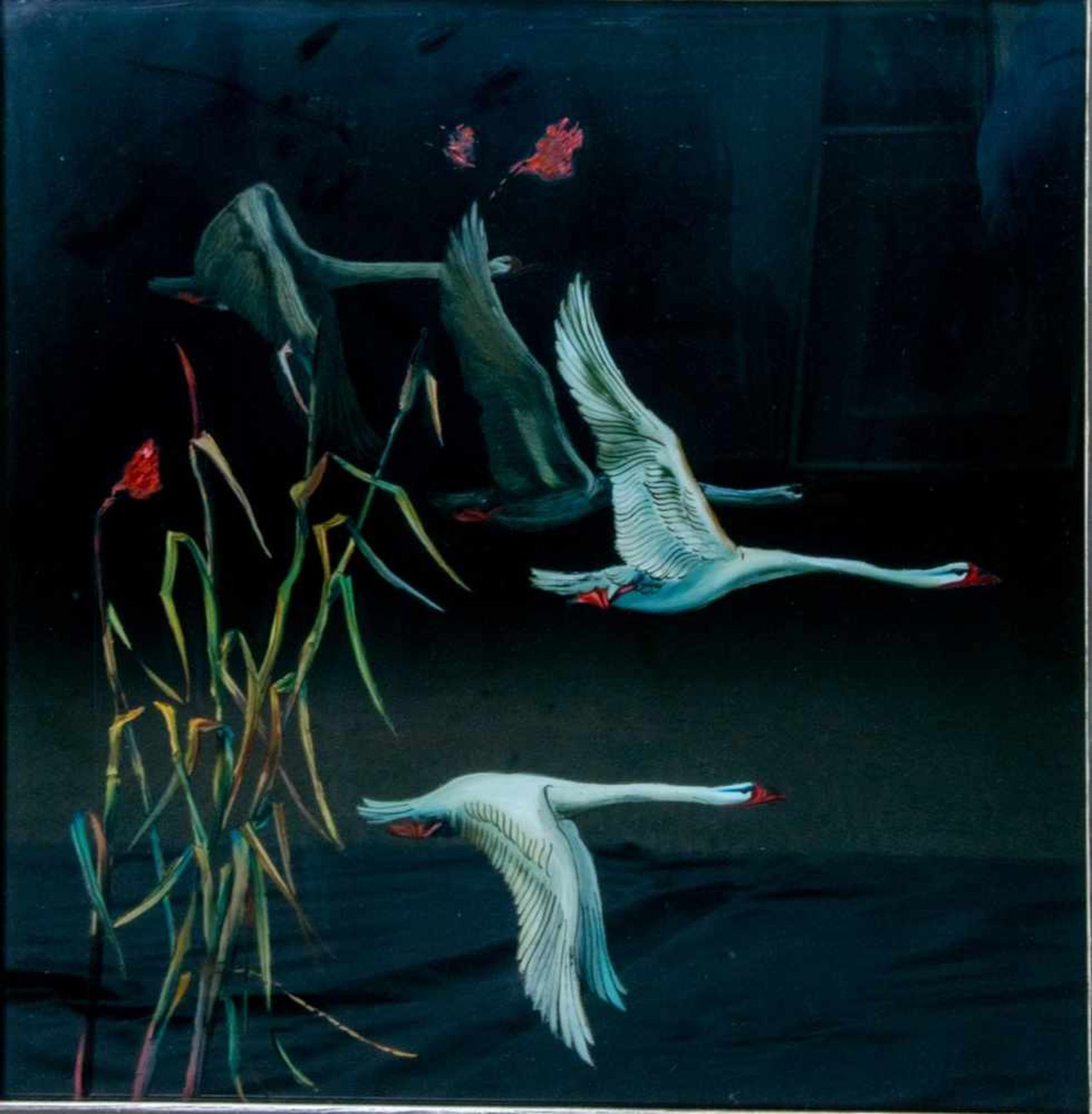 "Zugvögel" im Flug, Hinterglasmalerei. Abbildung ca. 43 x 43 cm, unsignierte/gerahmte Arbeit, Rahmen - Bild 2 aus 6