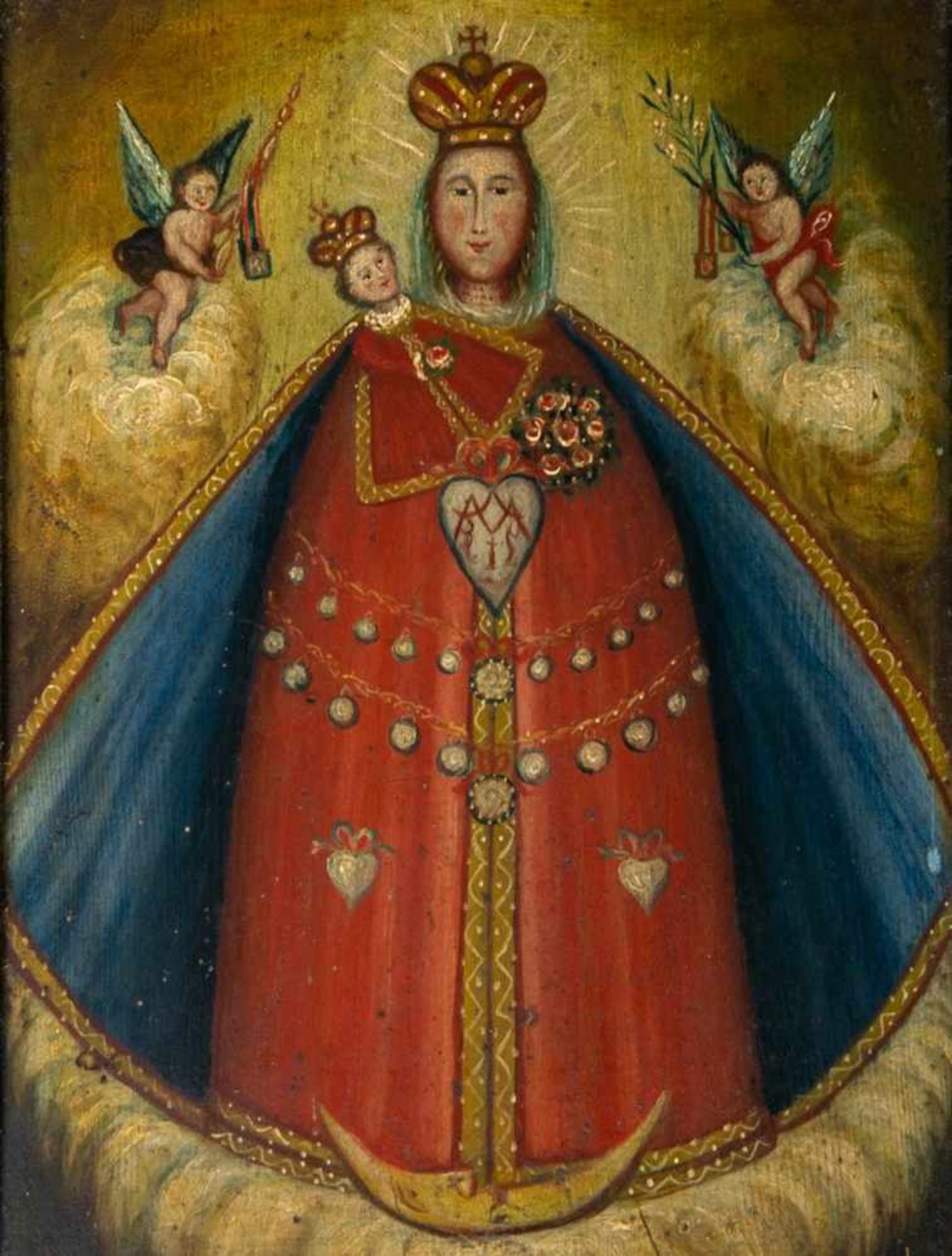 Antike Ikone/Votivtafel "Maria mit dem Kinde". Eitempera auf Nadelholztafel, ca. 31 x 22 cm, 18./19. - Bild 2 aus 7