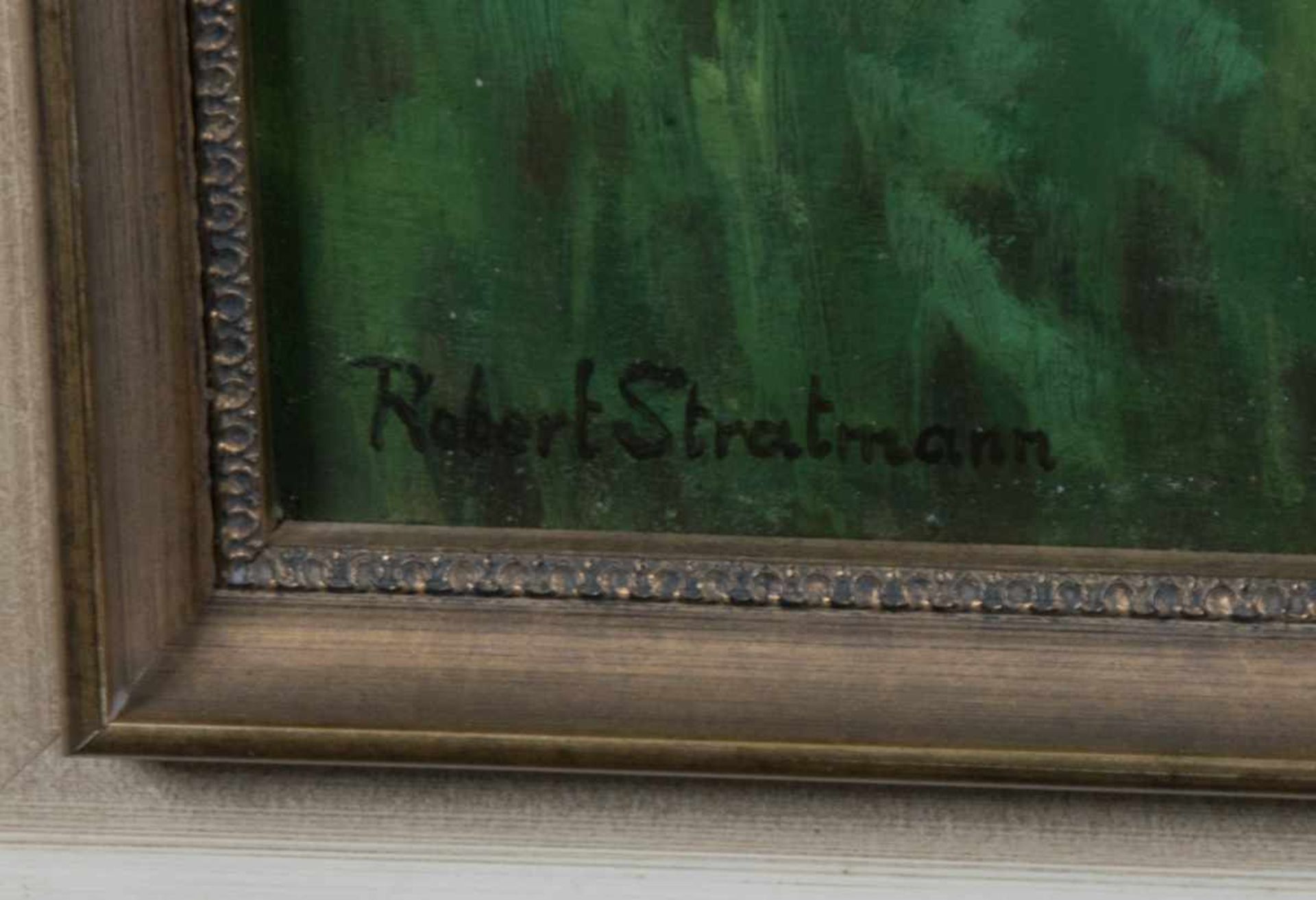 "Kate am Bach" - Gemälde, Öl auf Schichtholzplatte, ca. 75 x 92 cm, signiert von Robert STRATMANN ( - Bild 5 aus 6