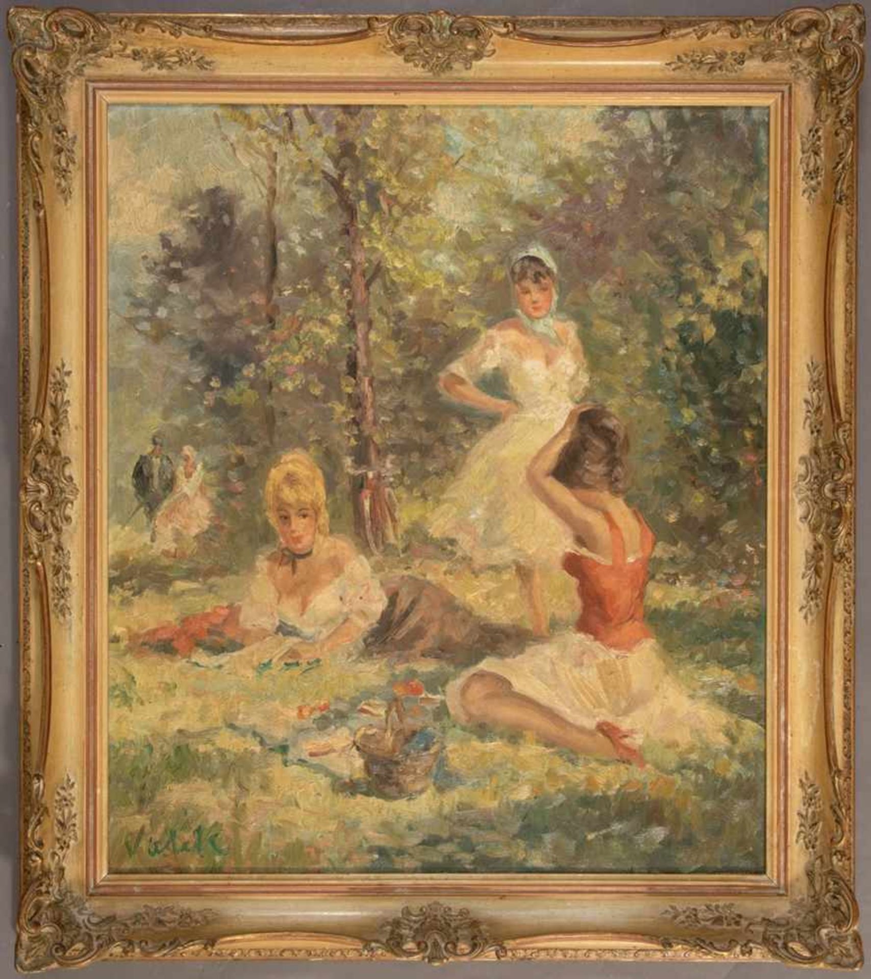 "Mädchen im Park" - Gemälde, Öl auf Leinwand, ca. 60 x 70 cm, unten links unleserlich signiert.