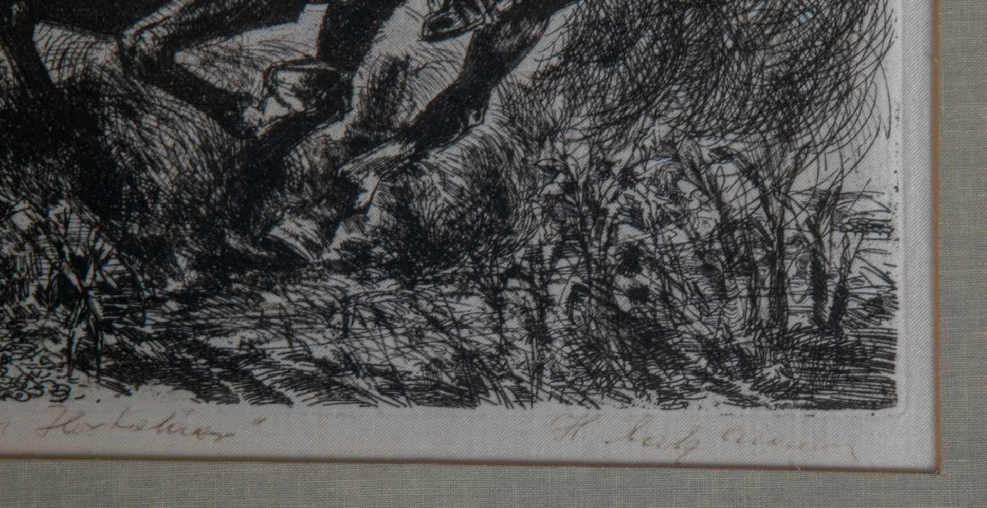 "Reiterszene", Originalradierung auf Stoff(?), Platte ca. 25 x 33 cm, hinter Glas gerahmt, Titel & - Bild 4 aus 5