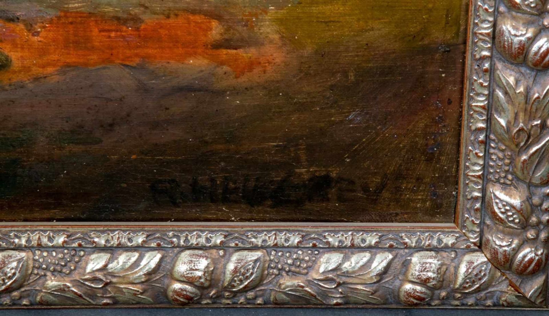 "Märkische Landschaft im Abendrot", Gemälde, Öl auf Leinwand, ca. 37 x 69 cm, signiert R. - Bild 2 aus 5