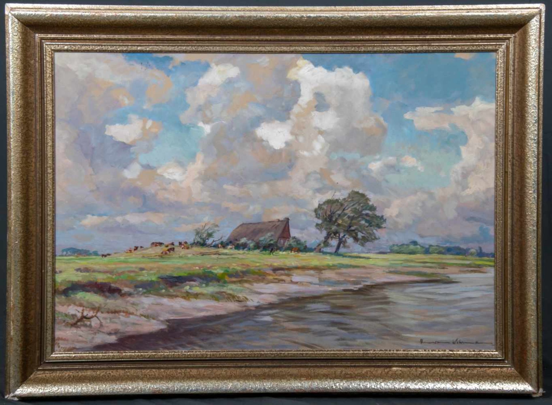 "Stürmische friesische Küstenlandschaft". Gemälde, Öl auf Hartfaserplatte, ca. 65 x 95 cm,